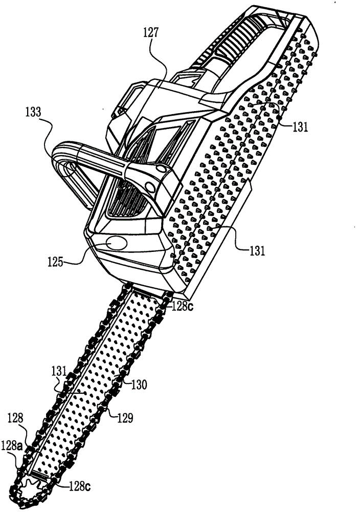 Electric chain saw with linked-lever latched damping handles for grip change of both hands