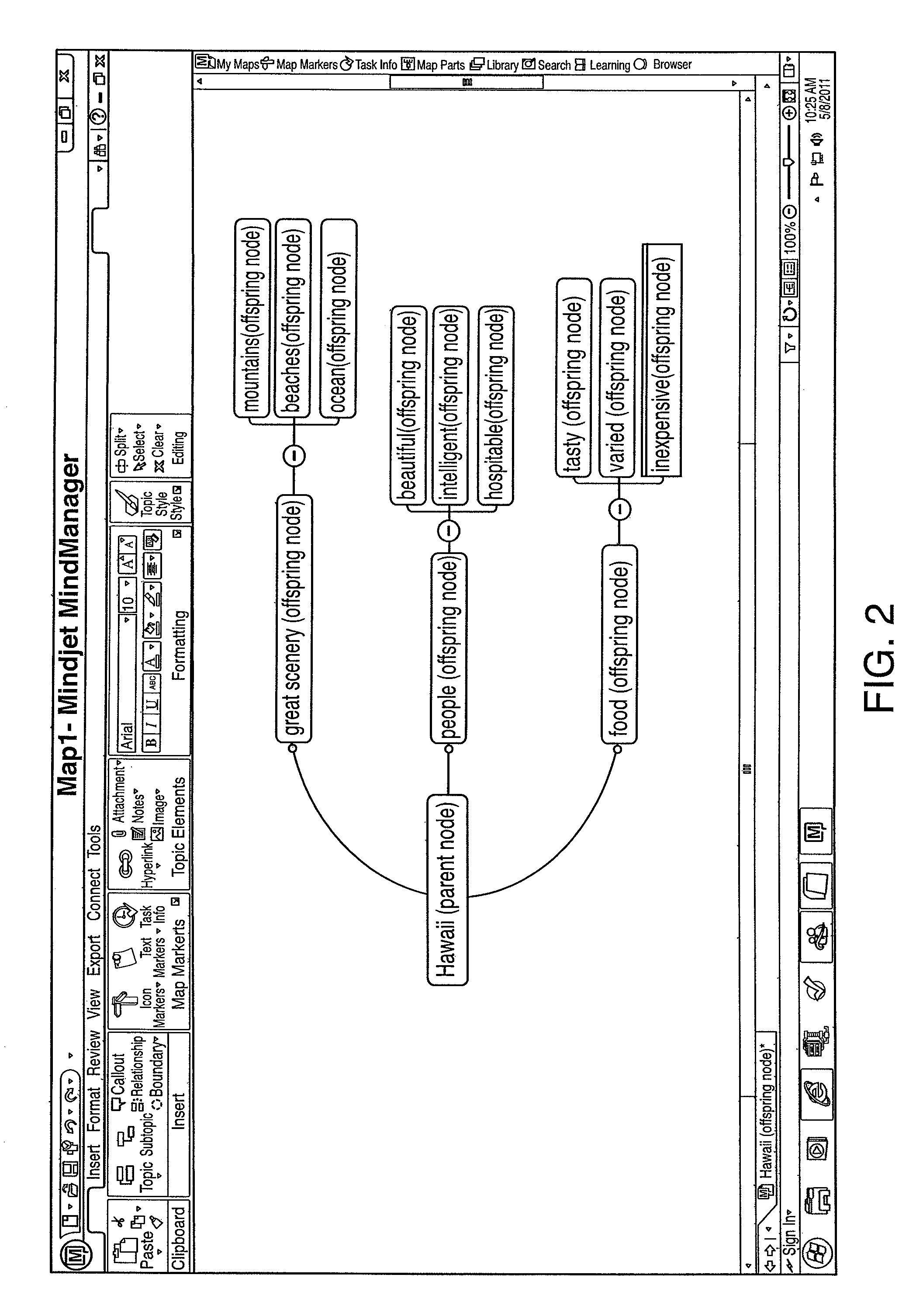 Method for parsing, searching and formatting of text input for visual mapping of knowledge information