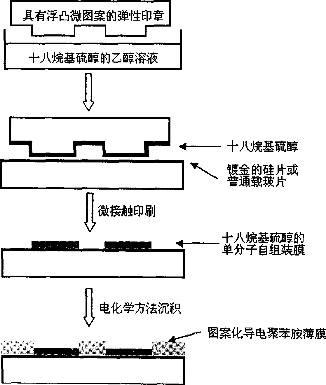 Process for producing gold surface pattern conductive polyphenylamine film