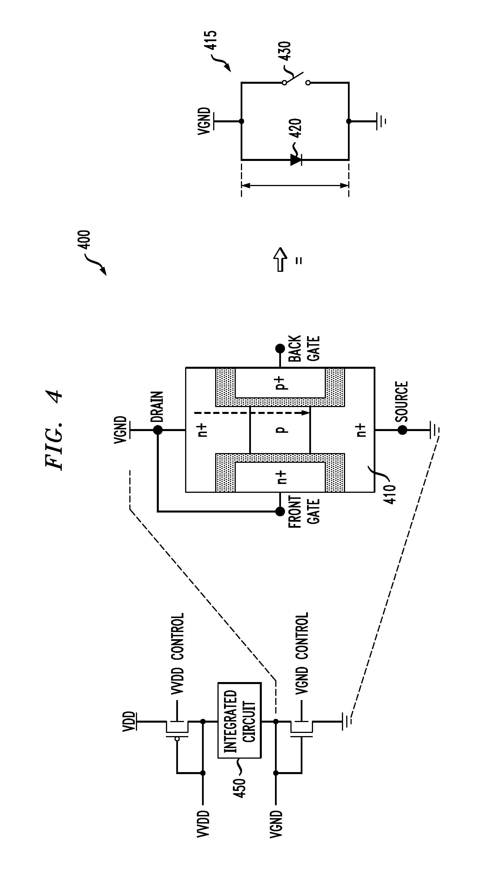 Methods and Apparatus for Varying a Supply Voltage or Reference Voltage Using Independent Control of Diode Voltage in Asymmetrical Double-Gate Devices