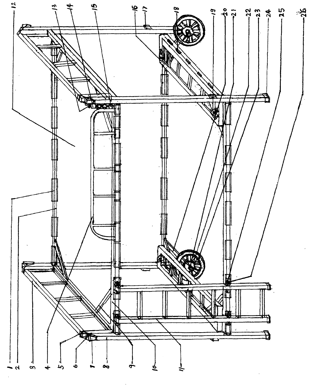 Folding type high-low bed with idler wheels at two ends of side leaning against wall