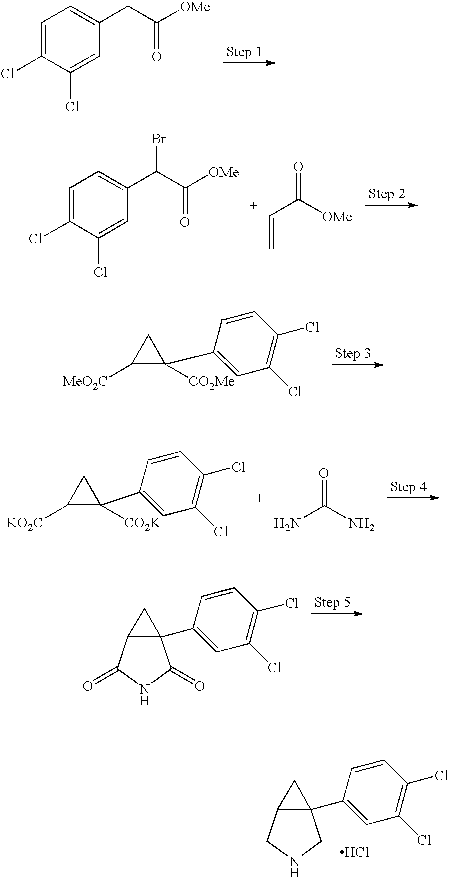 Methods and compositions for production, formulation and use of 1 aryl-3-azabicyclo[3.1.0]hexanes