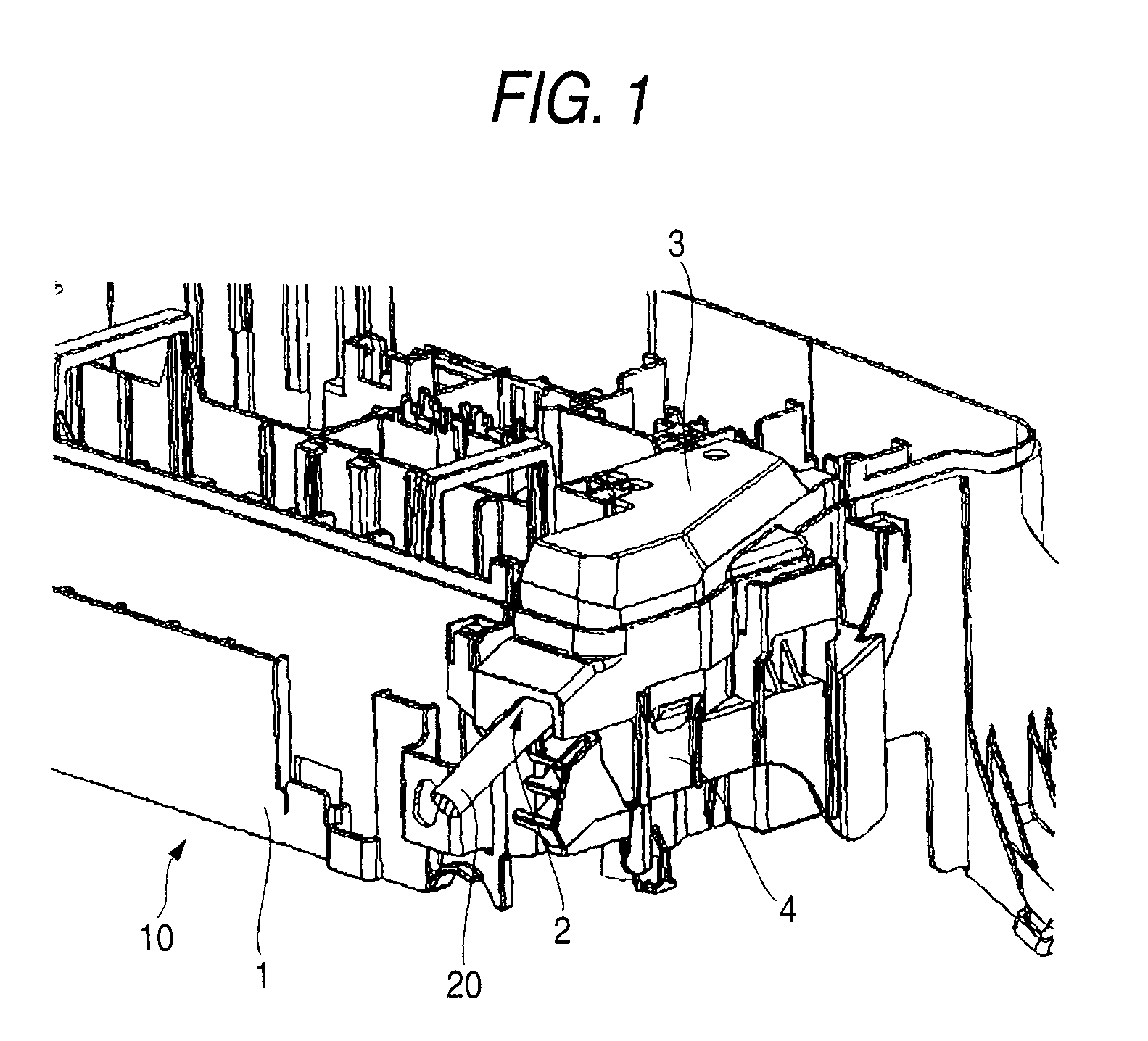 Resin-molded structural body having water-stop structure in wire harness path