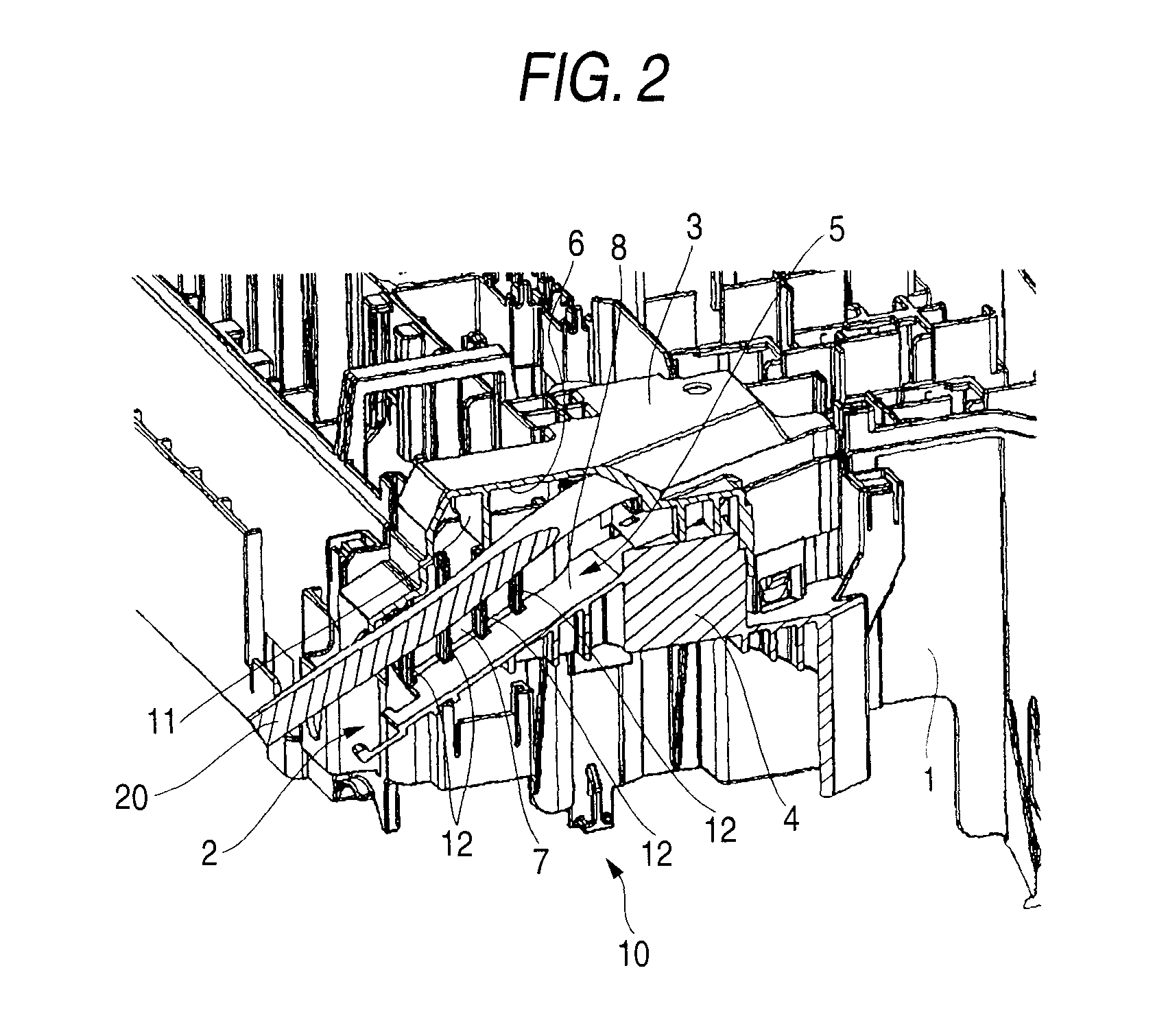 Resin-molded structural body having water-stop structure in wire harness path
