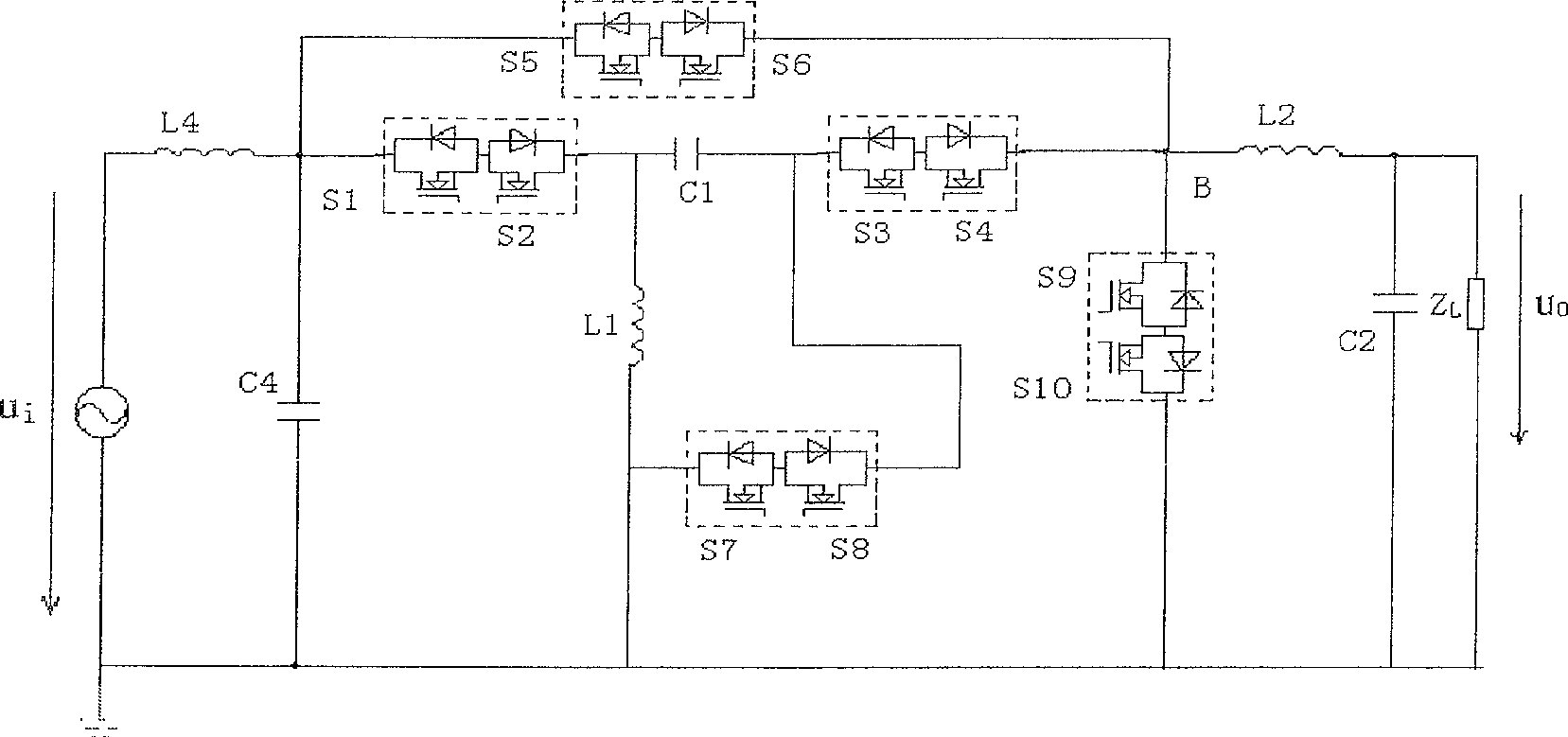 Zeta type three-level AC-AC converter