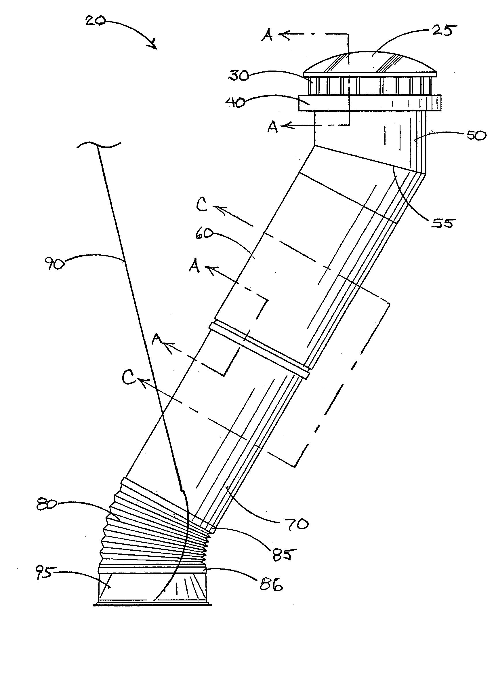 Skylight with displacement absorber and interlocking telescoping tubes