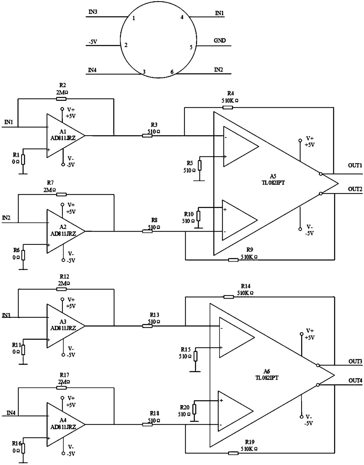 Four-quadrant detector signal amplifying circuit for laser radar