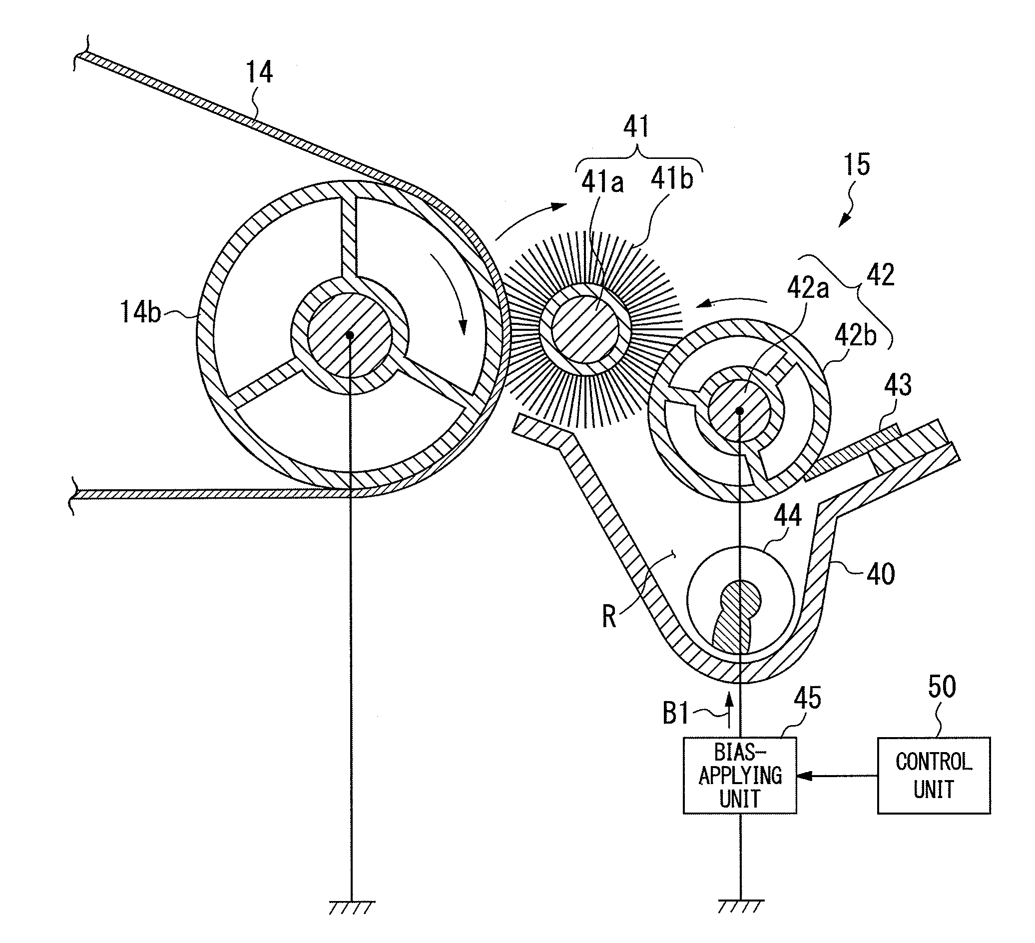 Image-forming apparatus with a bias applying unit for switching between a first bias for removing residual toner and a second bias for expelling residual toner
