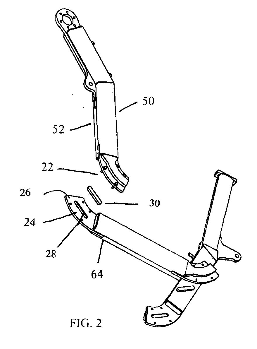 Three piece lift arm apparatus and method