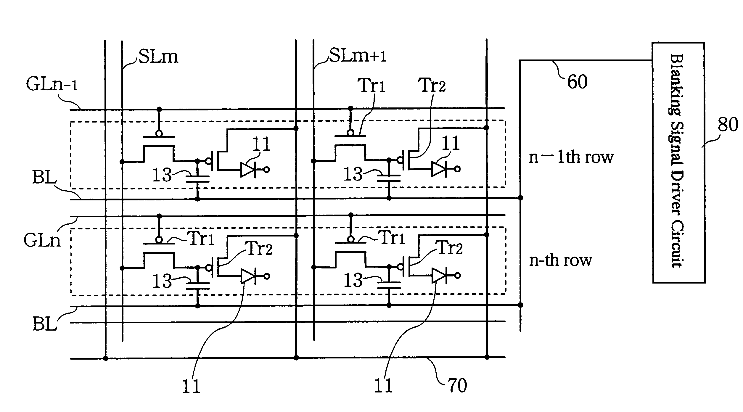 EL display device providing means for delivery of blanking signals to pixel elements