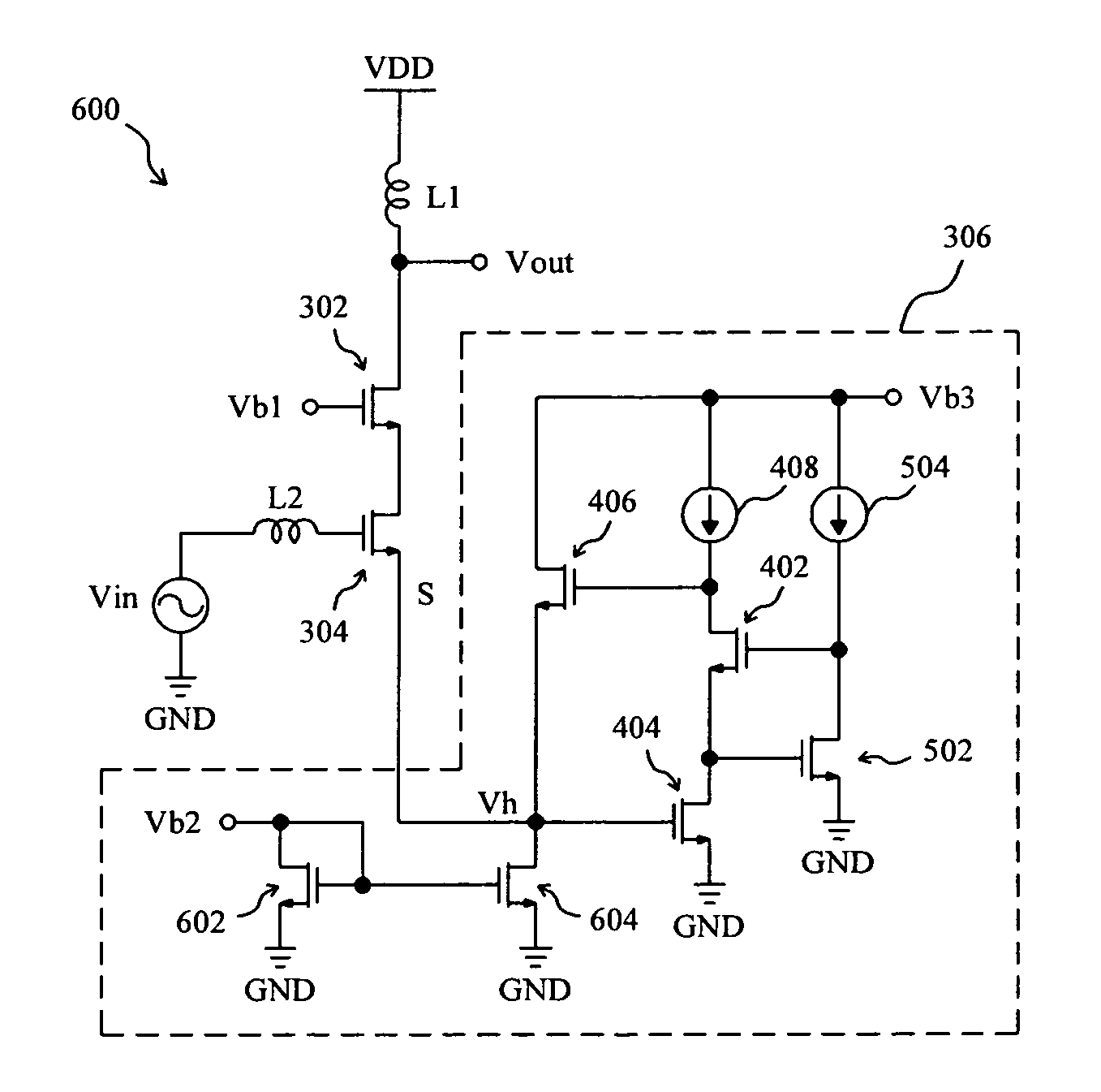 Cascode low noise amplifier with a source coupled active inductor