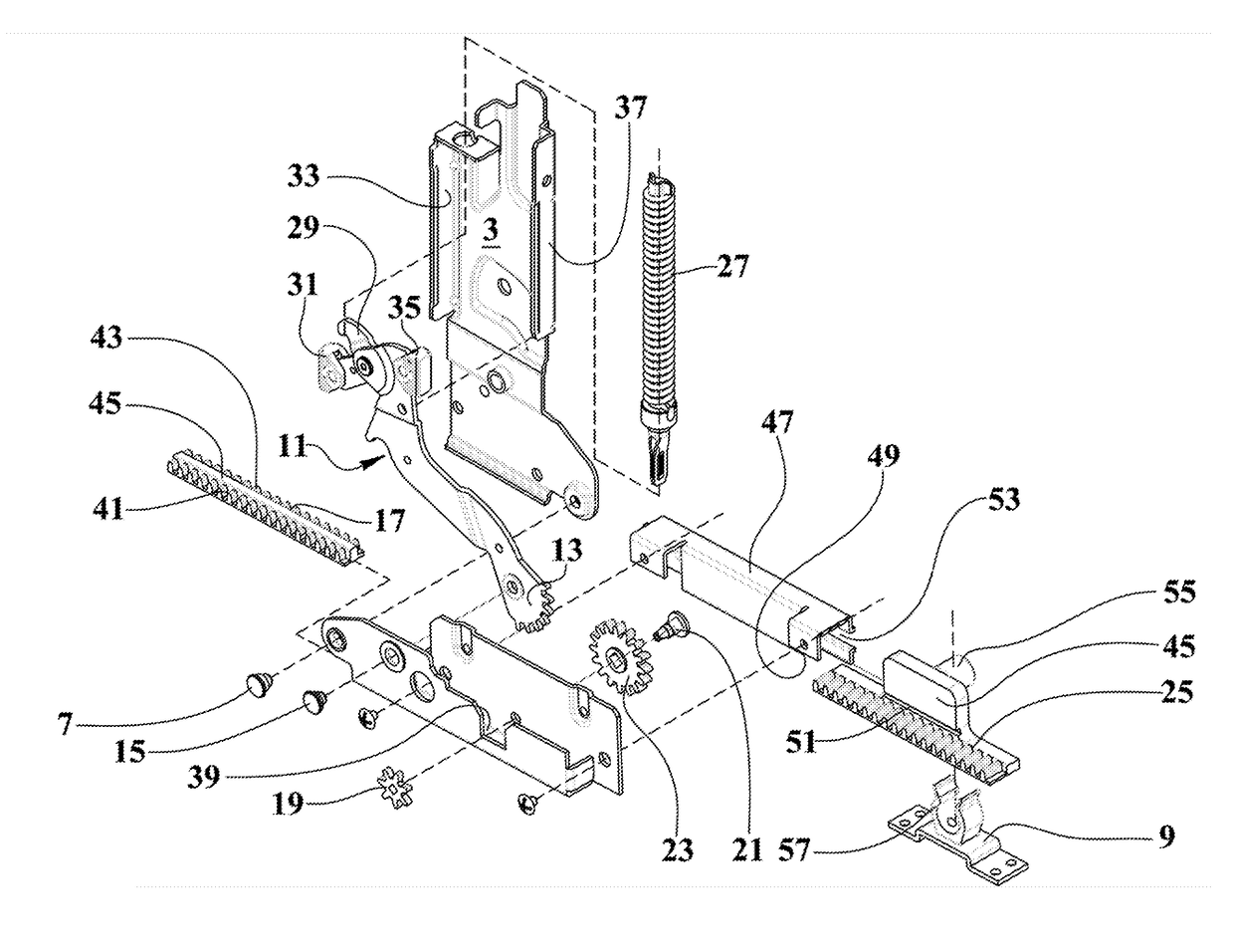 Hinge device with long reciprocating stroke of a front panel