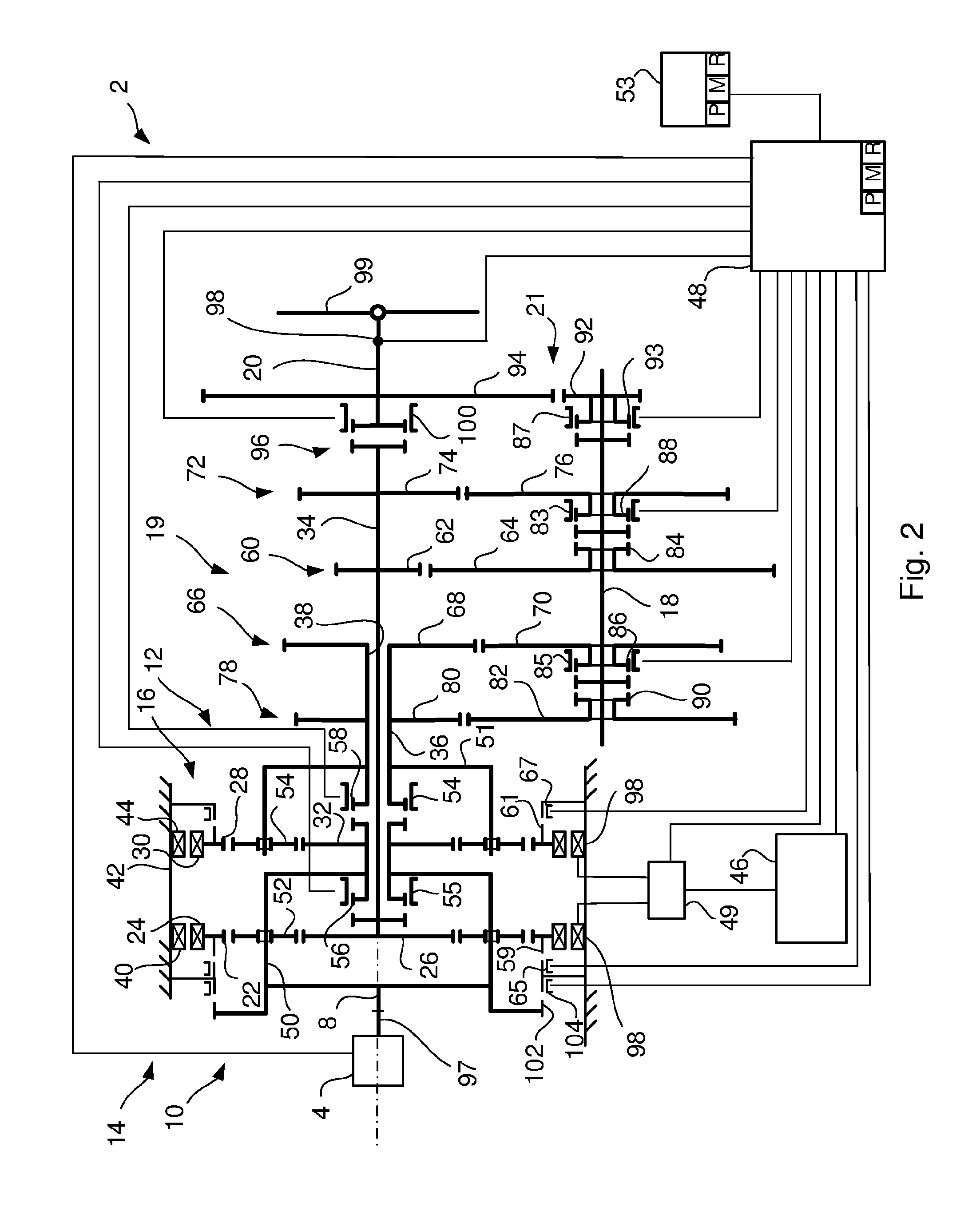 Gearbox for a hybrid powertrain and method to control the gearbox