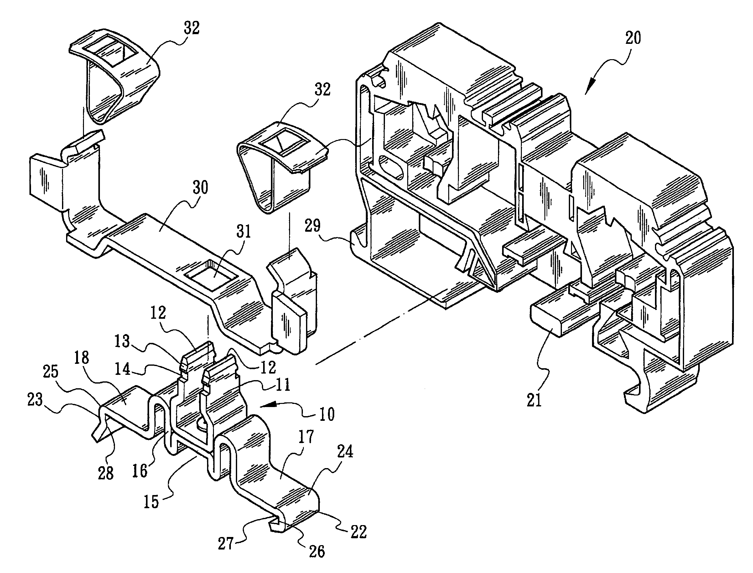 Rail-type grounding terminal having a two piece spring latch structure