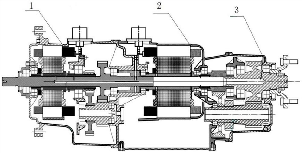 A transmission structure for a range-extended hybrid system arranged coaxially