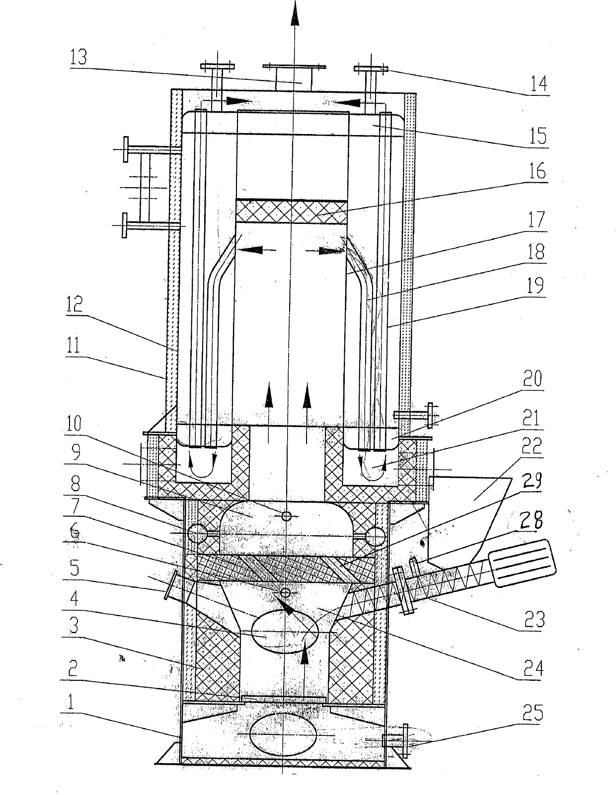 Vertical environment-friendly boiler for triple dedusting burning wood and biological particle fuel in boiler