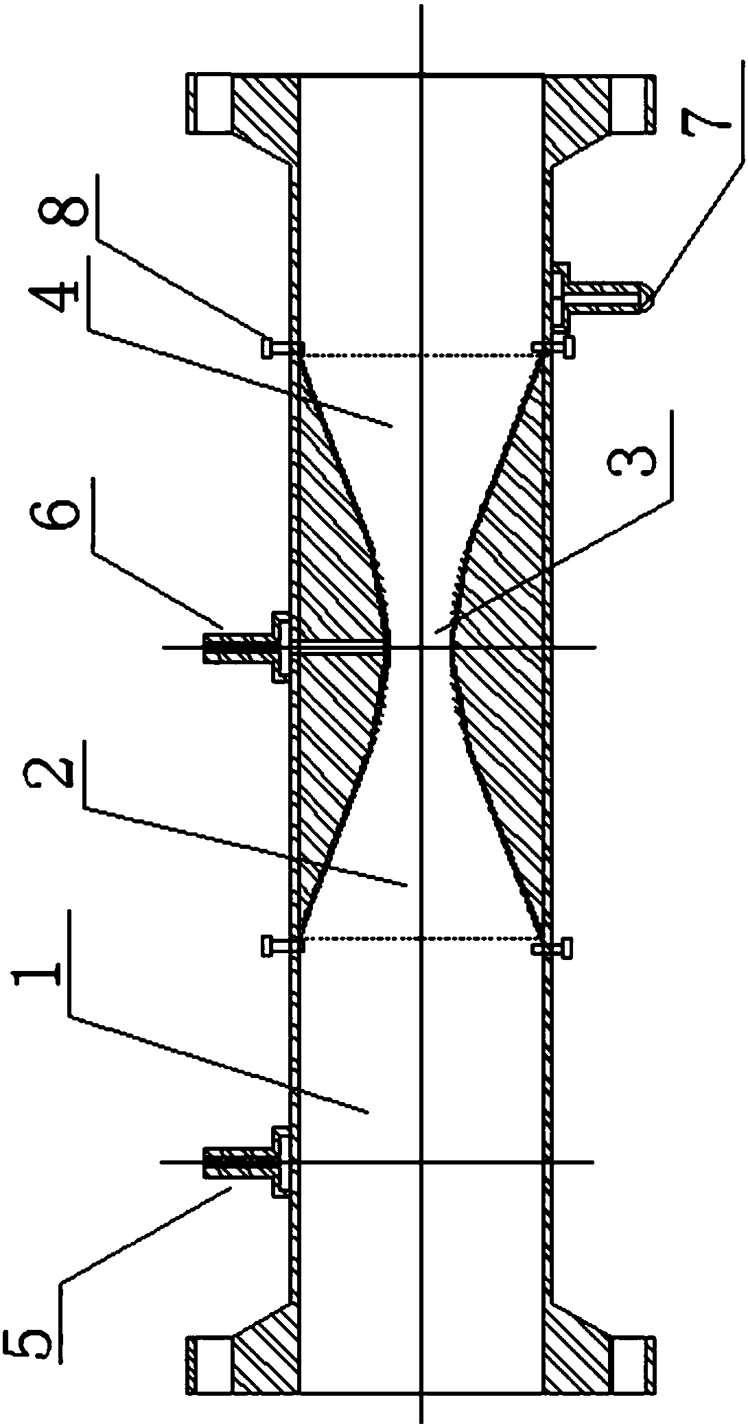 Venturi pipe flow measuring device and mounting method