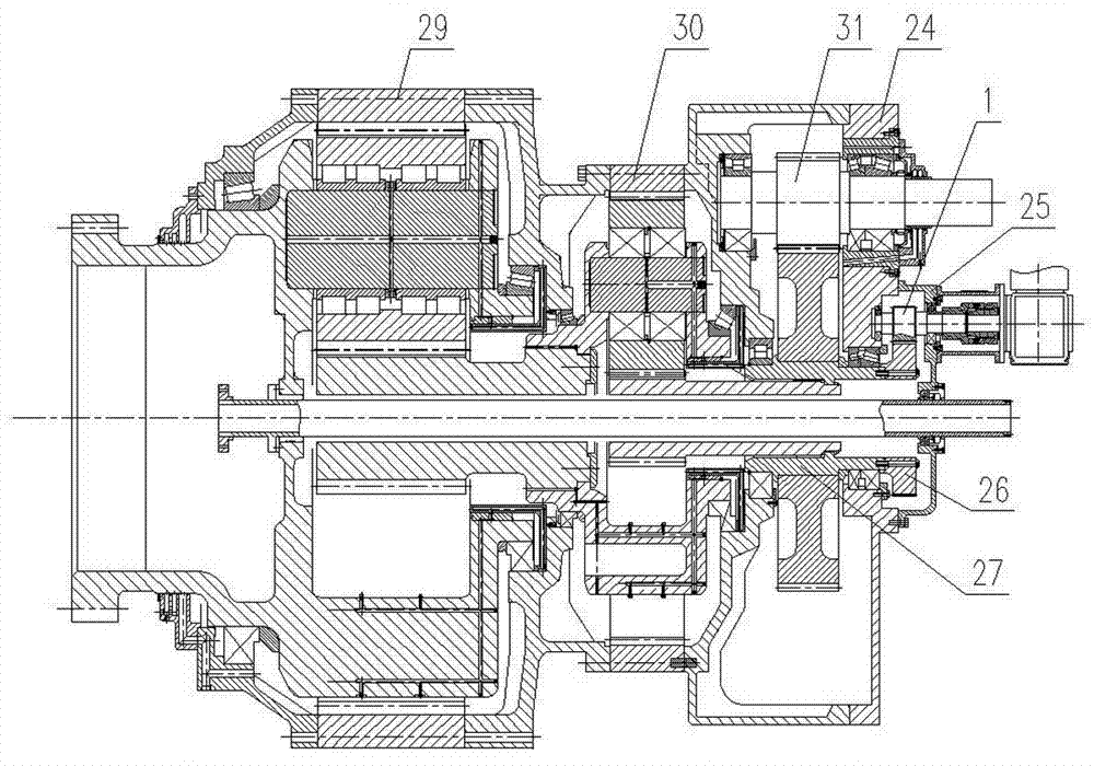 Large-power wind driven generator step-up gearbox with electric barring device