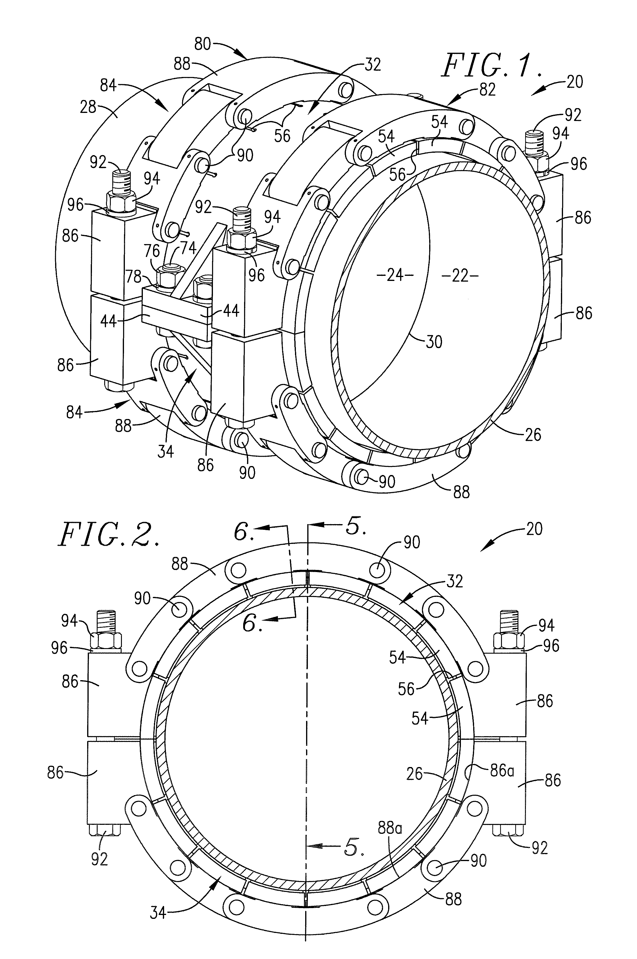 Self-tightening clamp assemblies for protection against full pipe separation
