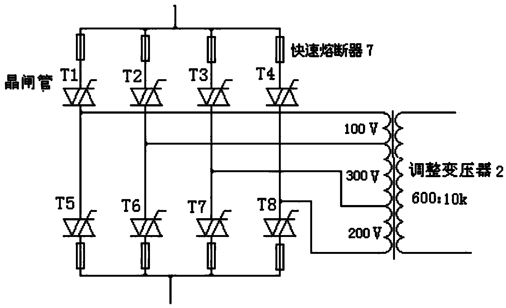 Four-bridge arm thyristor switch voltage-regulating circuit and voltage-regulating method