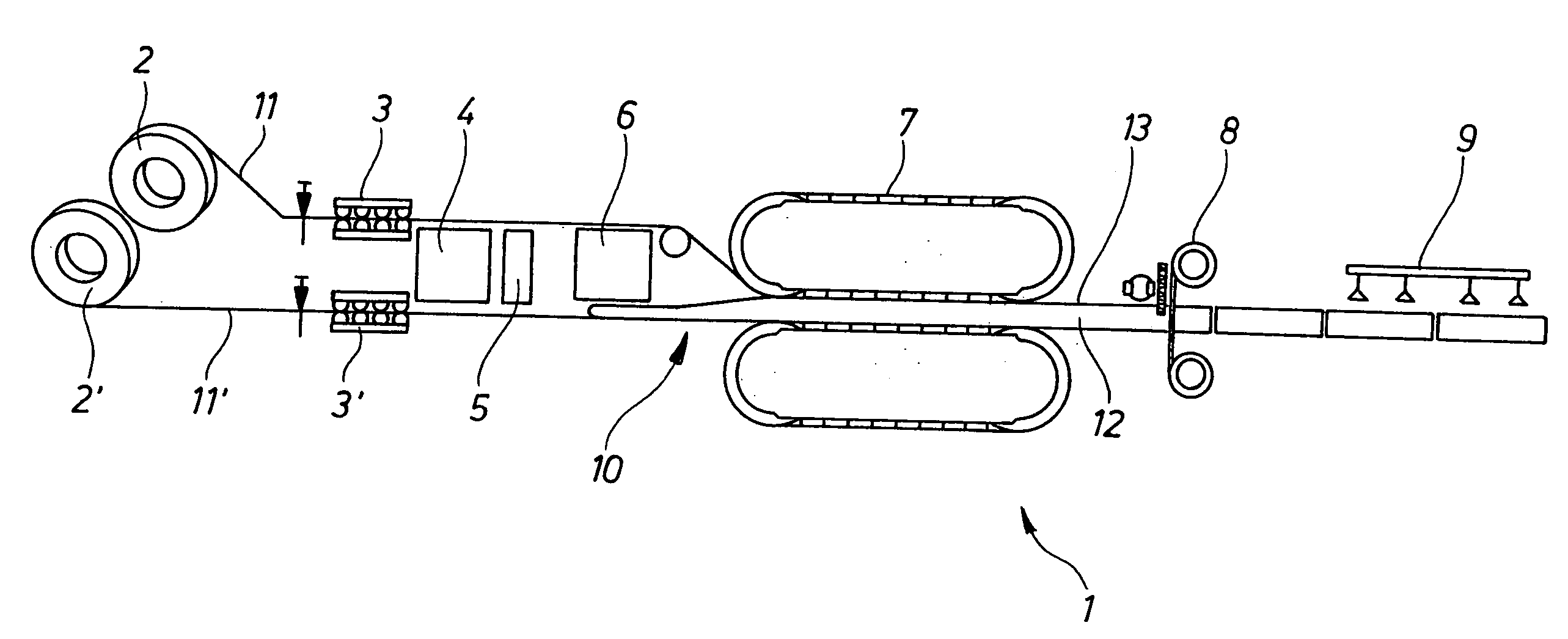 Apparatus and process for the production of sandwich composite elements