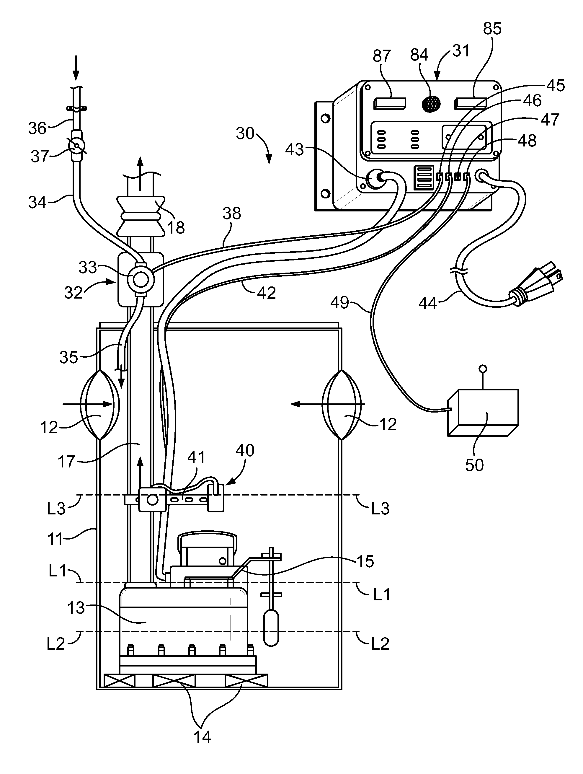 Test and monitoring system for a sump pump installation having a self-monitoring liquid level sensing module