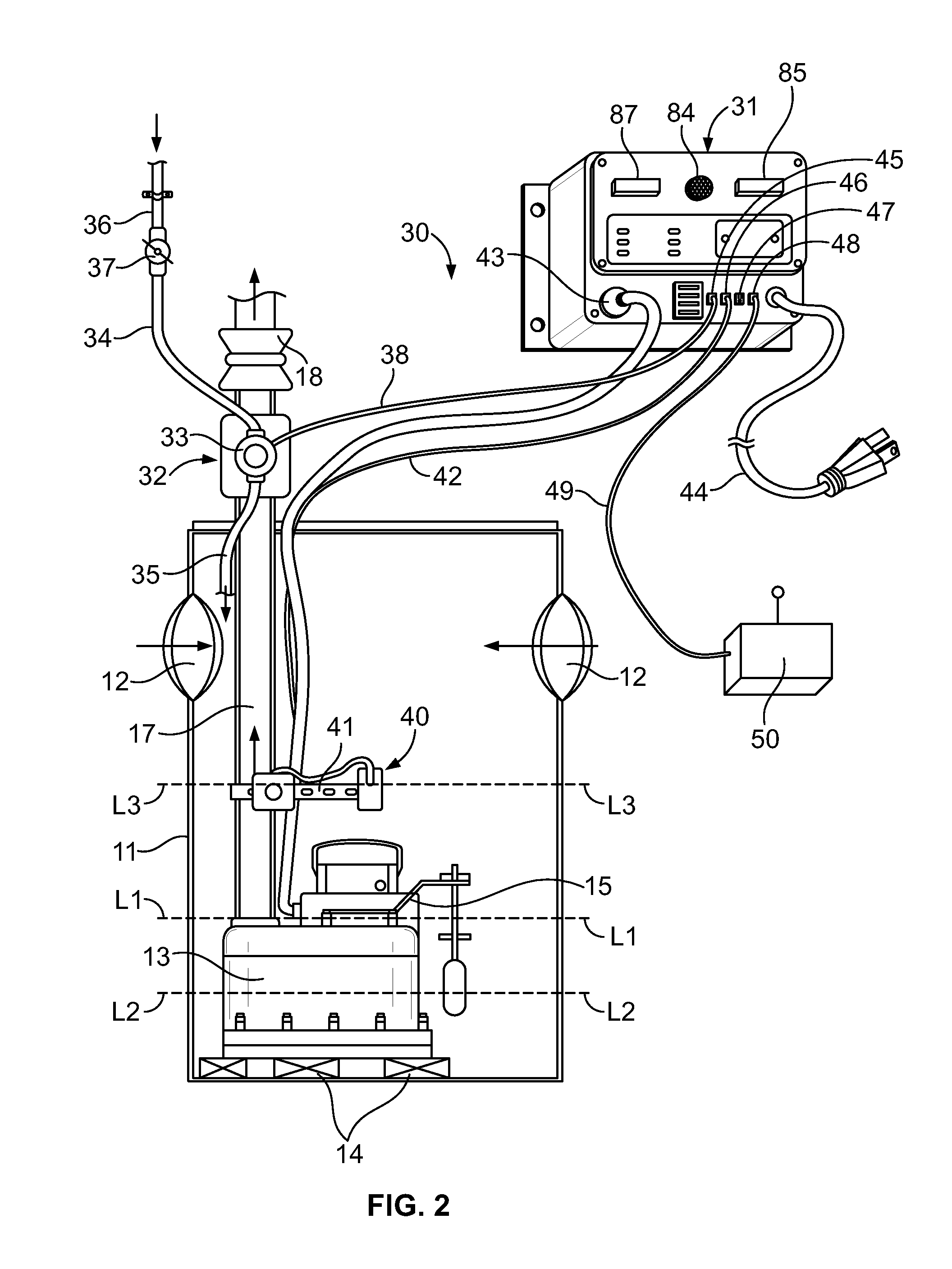 Test and monitoring system for a sump pump installation having a self-monitoring liquid level sensing module
