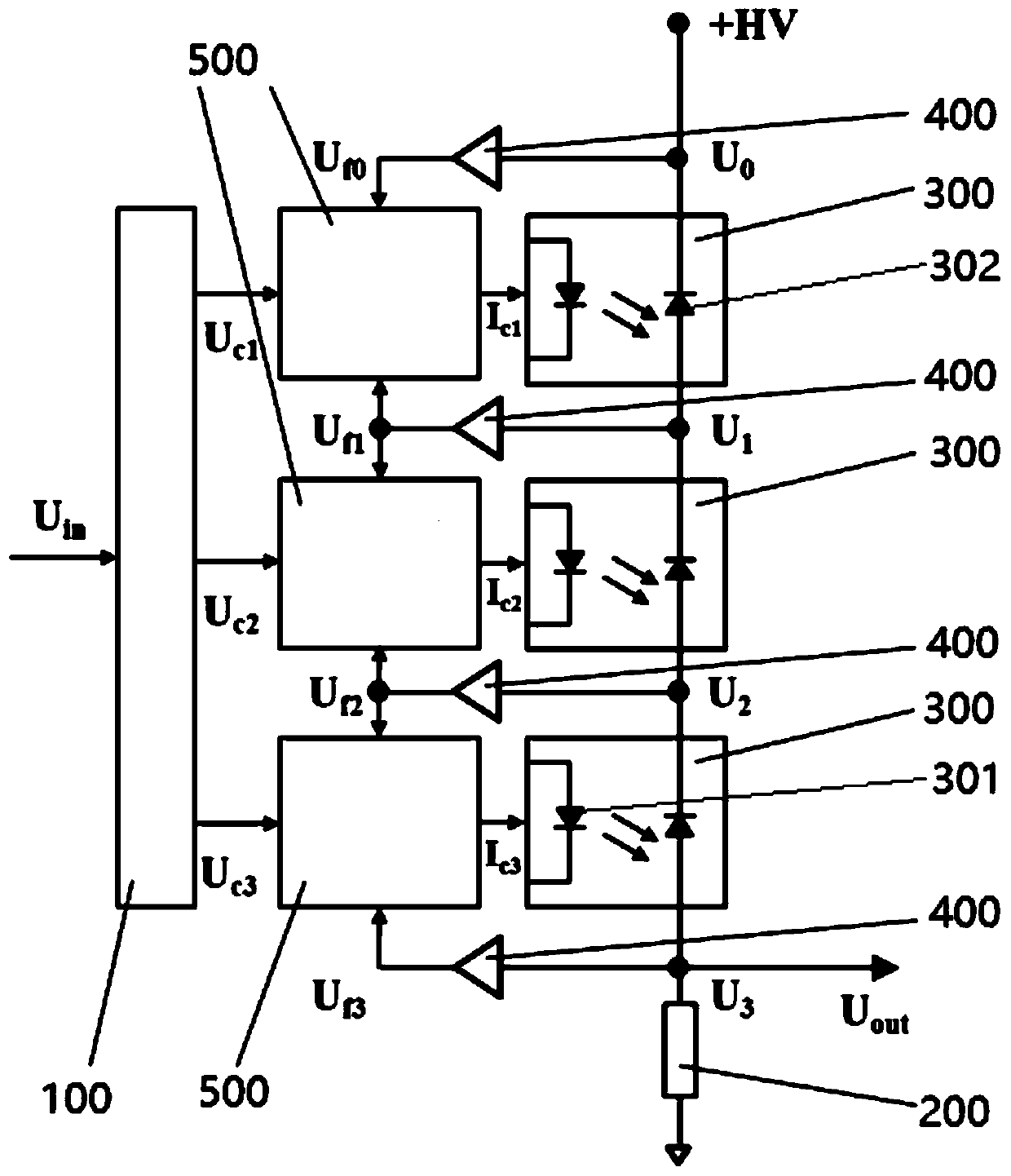 Voltage amplifier device for spatial low-energy plasma detector