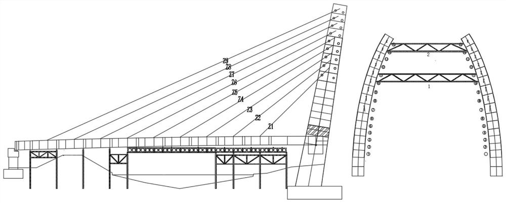 Small-angle inclined steel arch tower support-free in-situ assembly type asymmetric tensioning assembly construction method