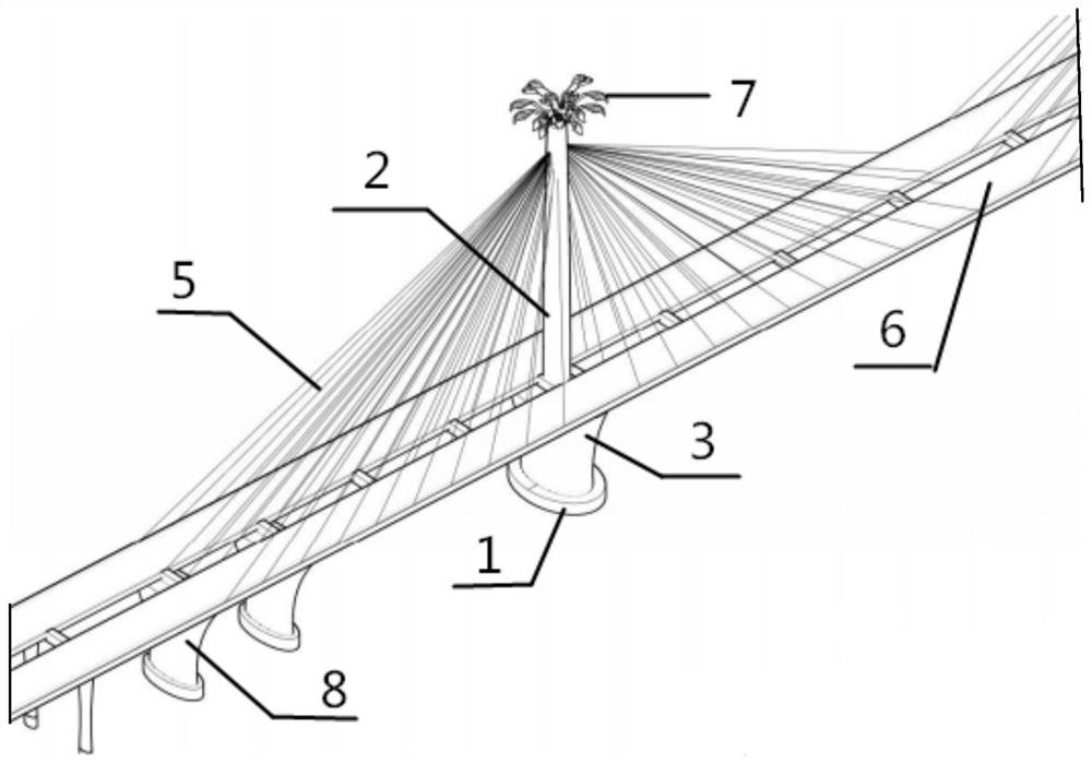 Double-amplitude four-cable-plane multi-tower cable-stayed bridge with annular row support stump flowerpot-shaped bracket