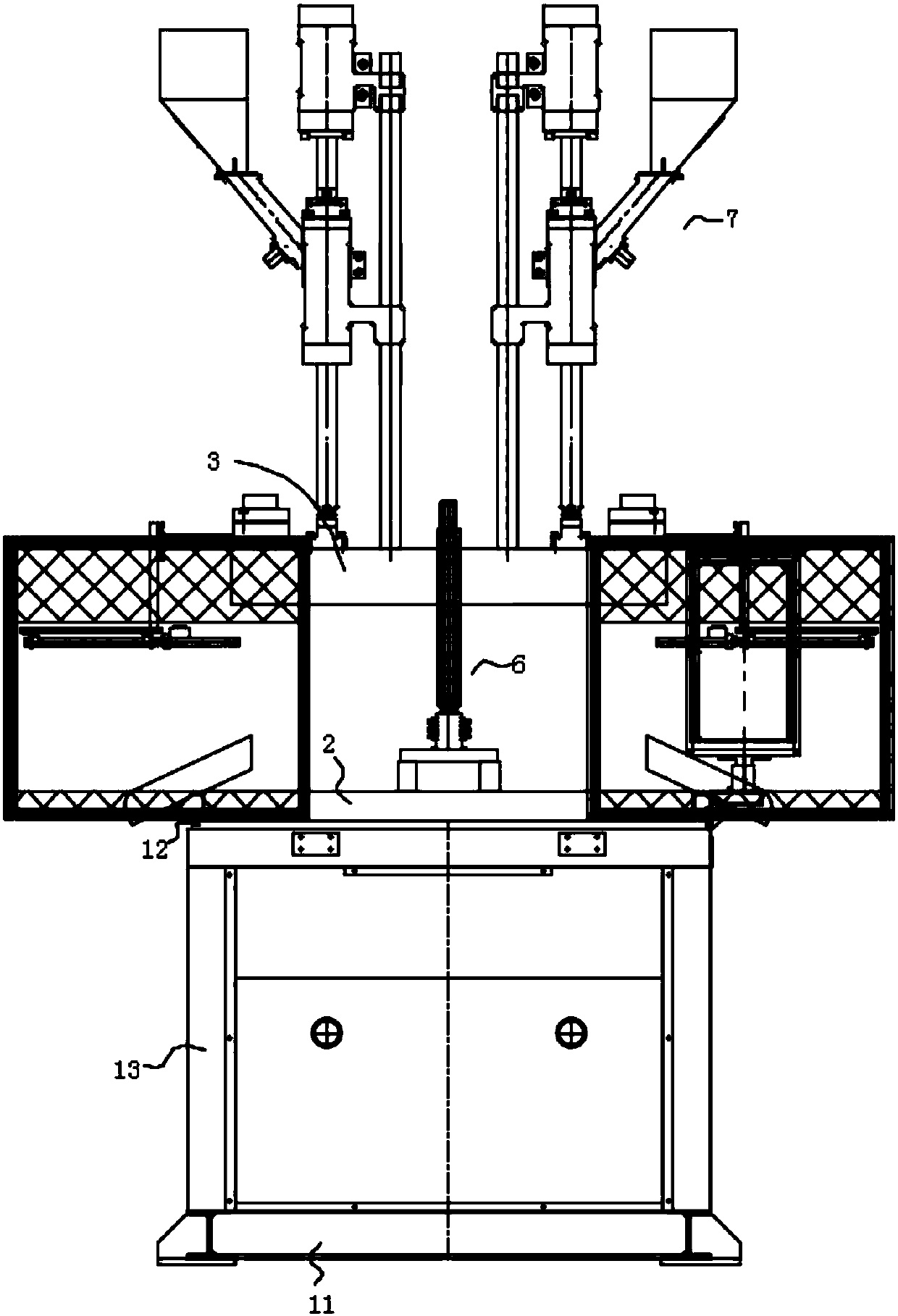 Multicolor vertical injection molding machine for center rotating tower and injection molding method