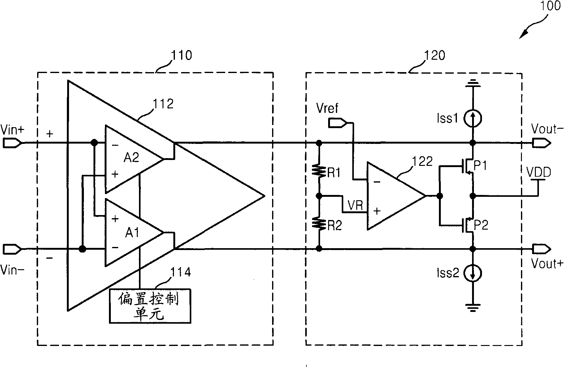 Fully differential class AB amplifier and amplifying method using single-ended, two-stage amplifier