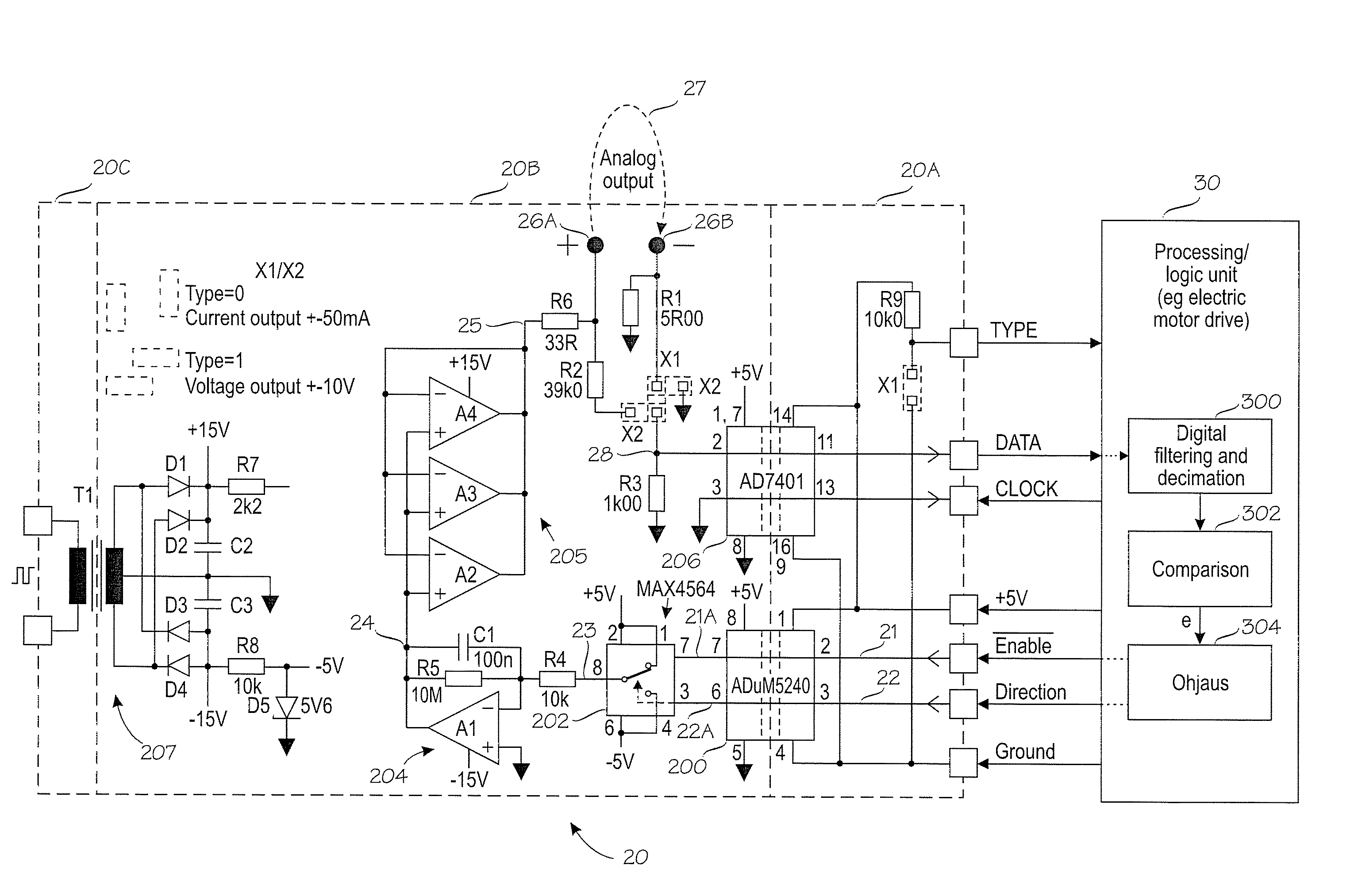Device for generating analog current or voltage signal