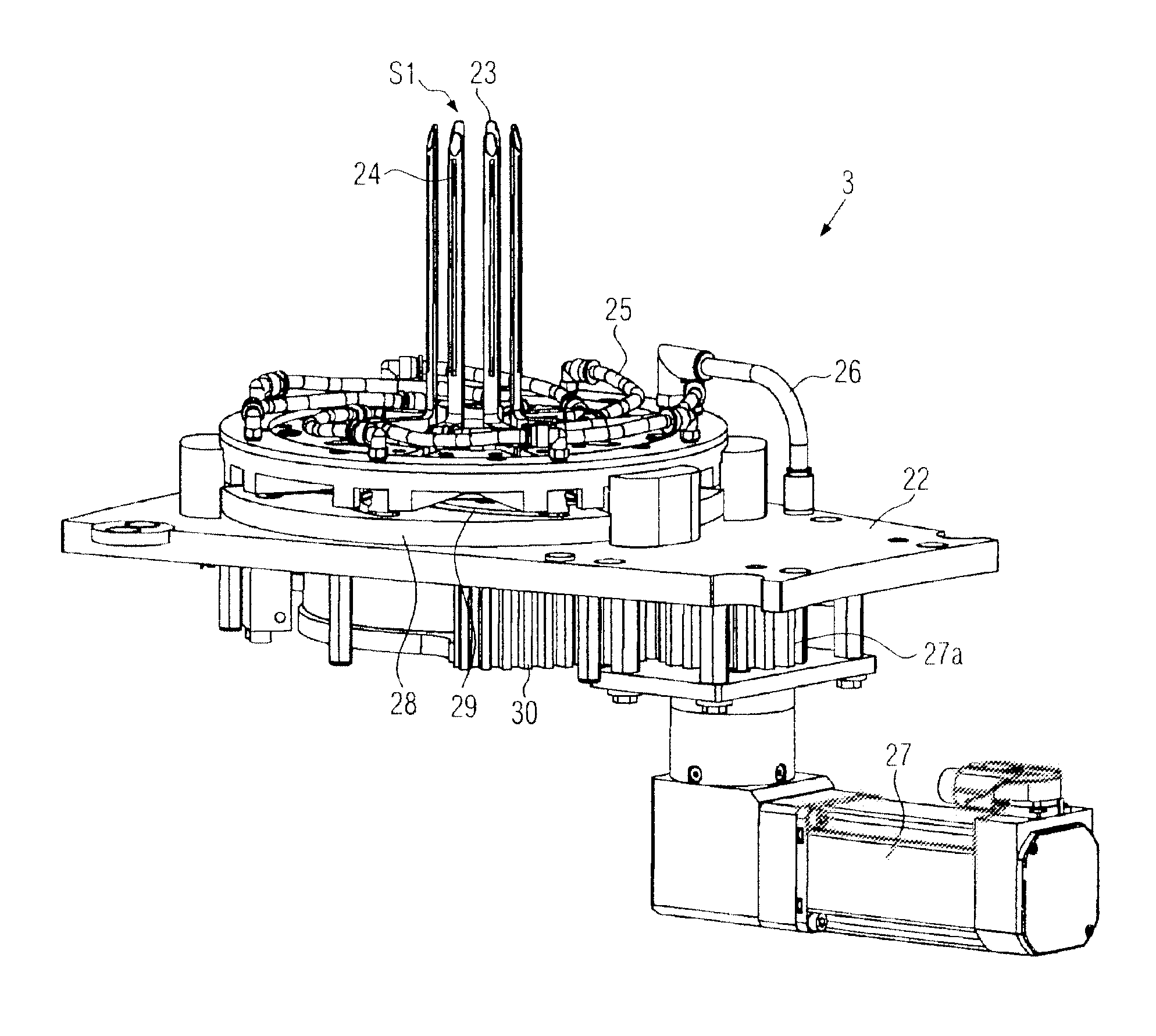 Device and method for applying elastic film sleeves to containers