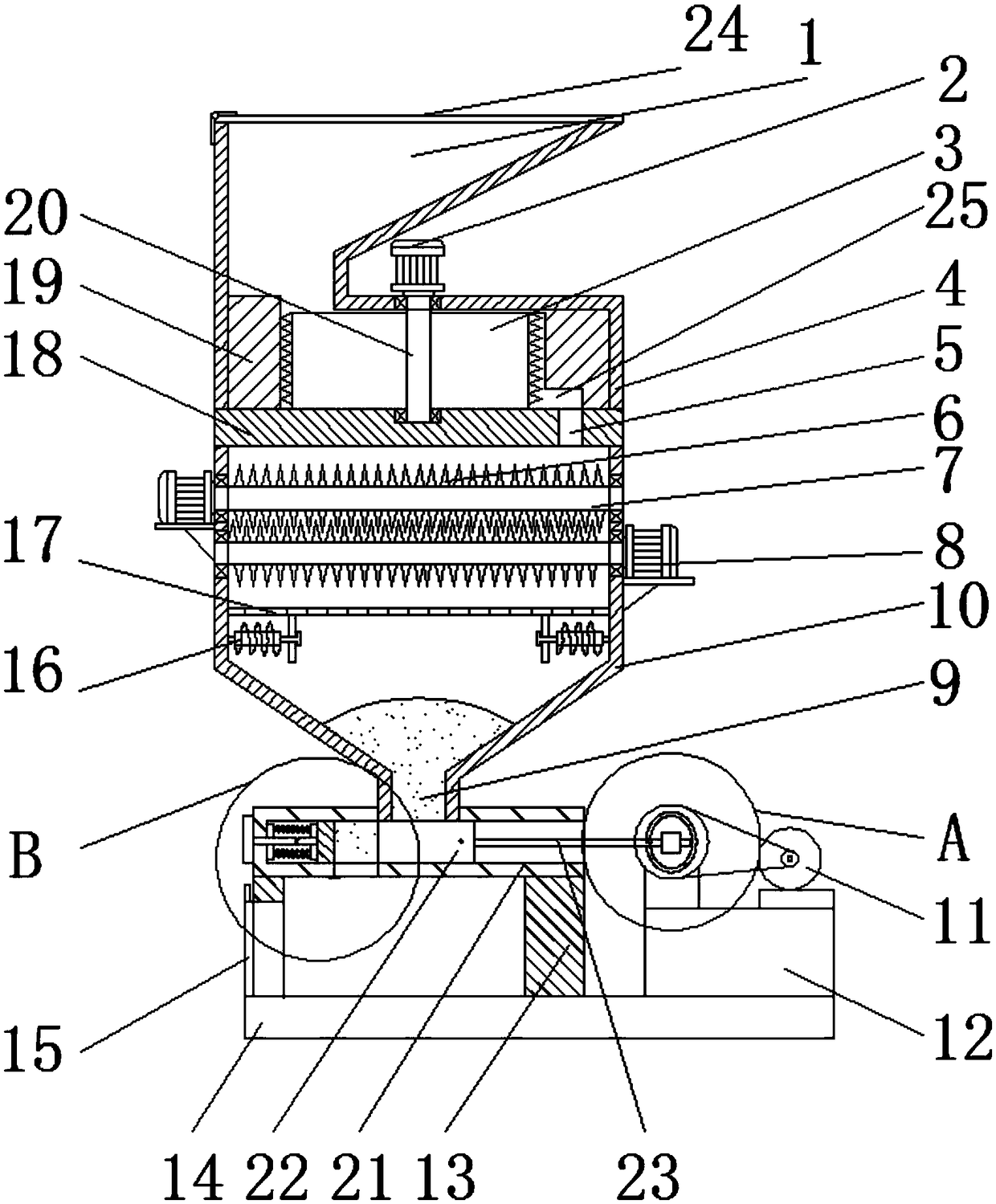 Treatment device for building material processing wood chips
