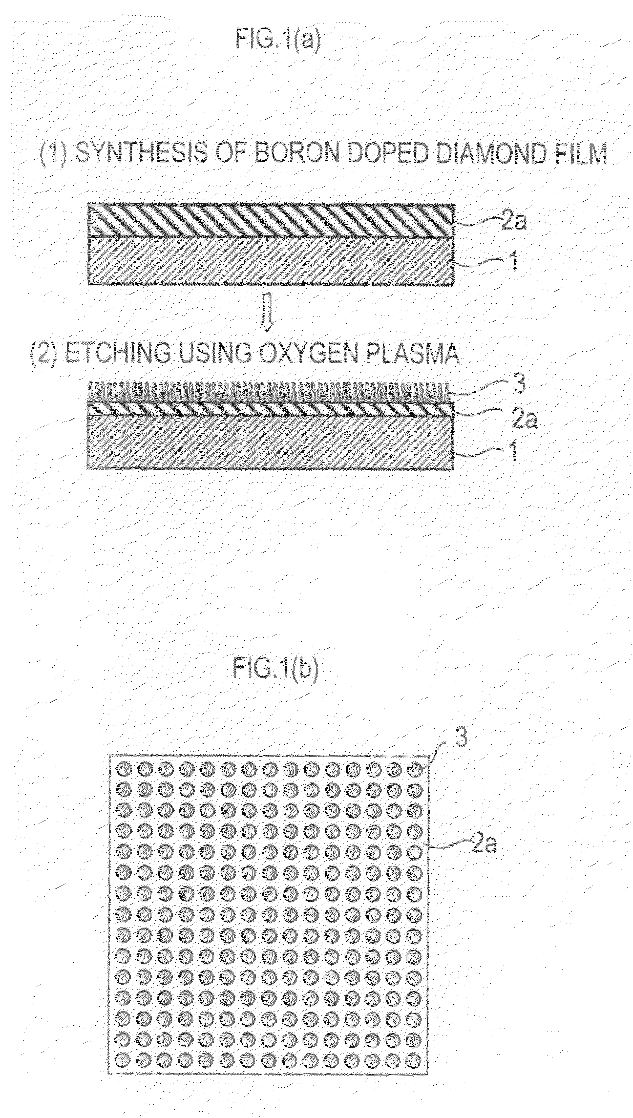 Method for Producing Diamond Having Acicular Projection Array Structure on Surface thereof, Diamond Material, Electrode and Electronic Device
