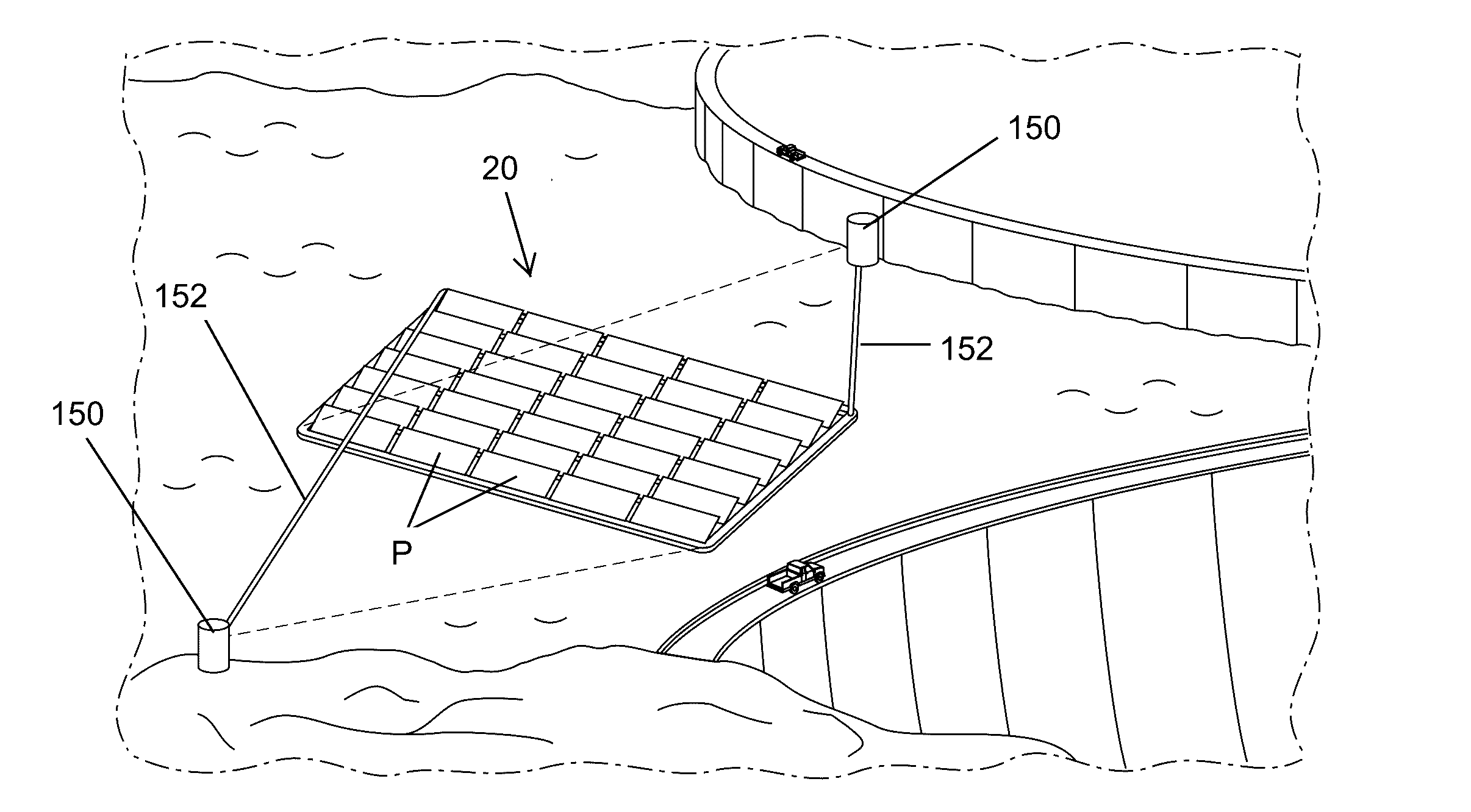 Floating solar panel array with one-axis tracking system