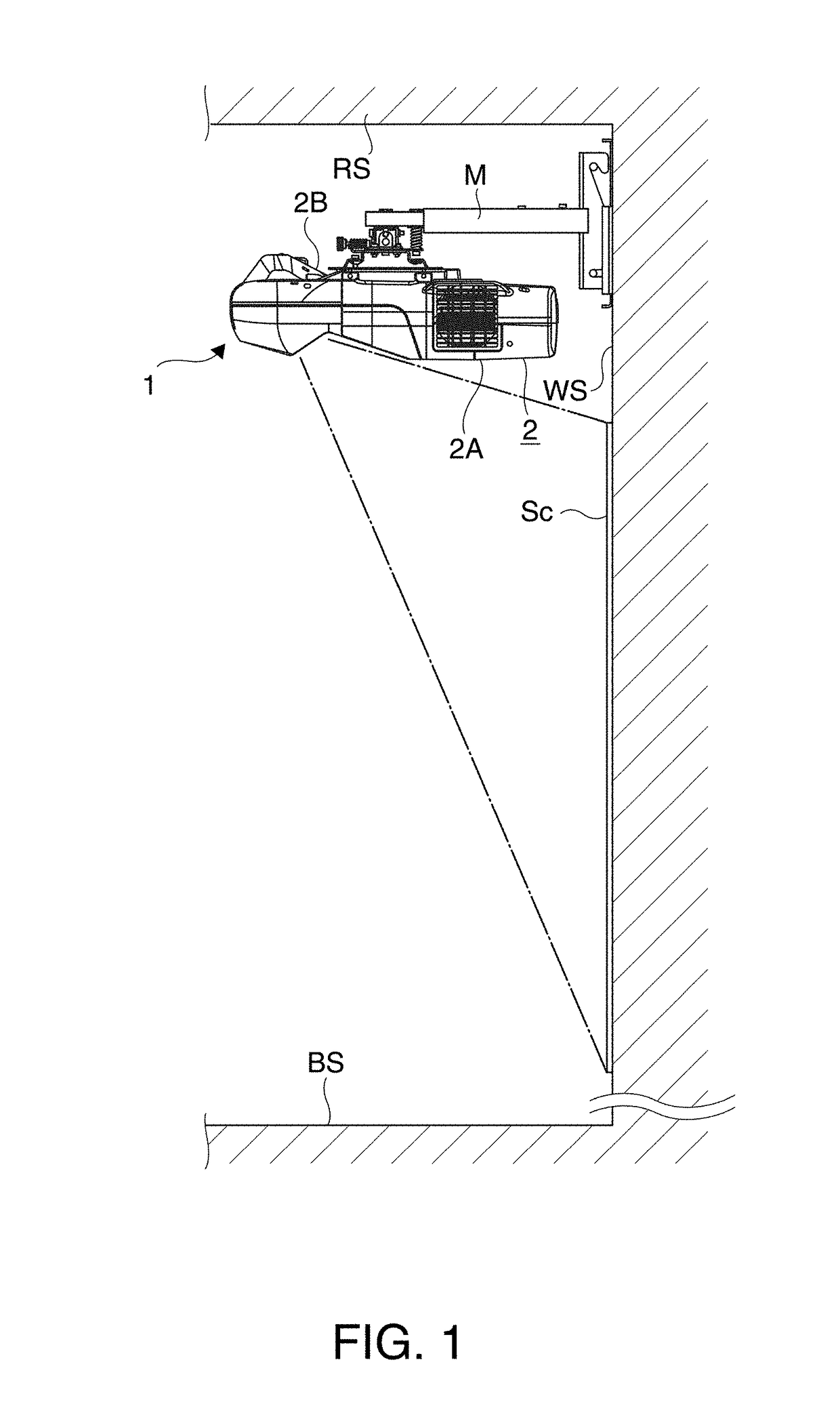 Projector having reflecting mirror disposed within housing and operation buttons disposed on sidewall of the housing