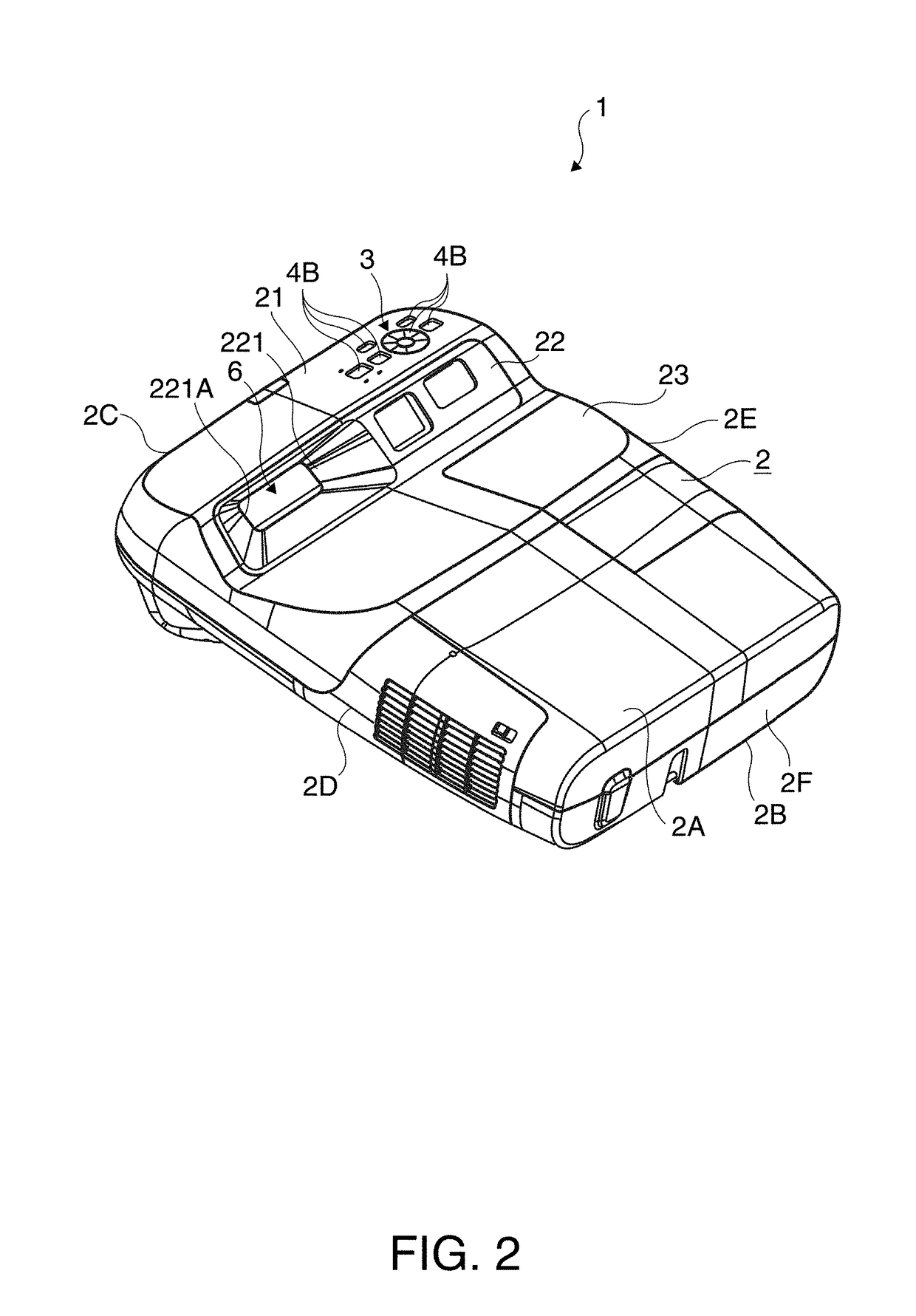 Projector having reflecting mirror disposed within housing and operation buttons disposed on sidewall of the housing