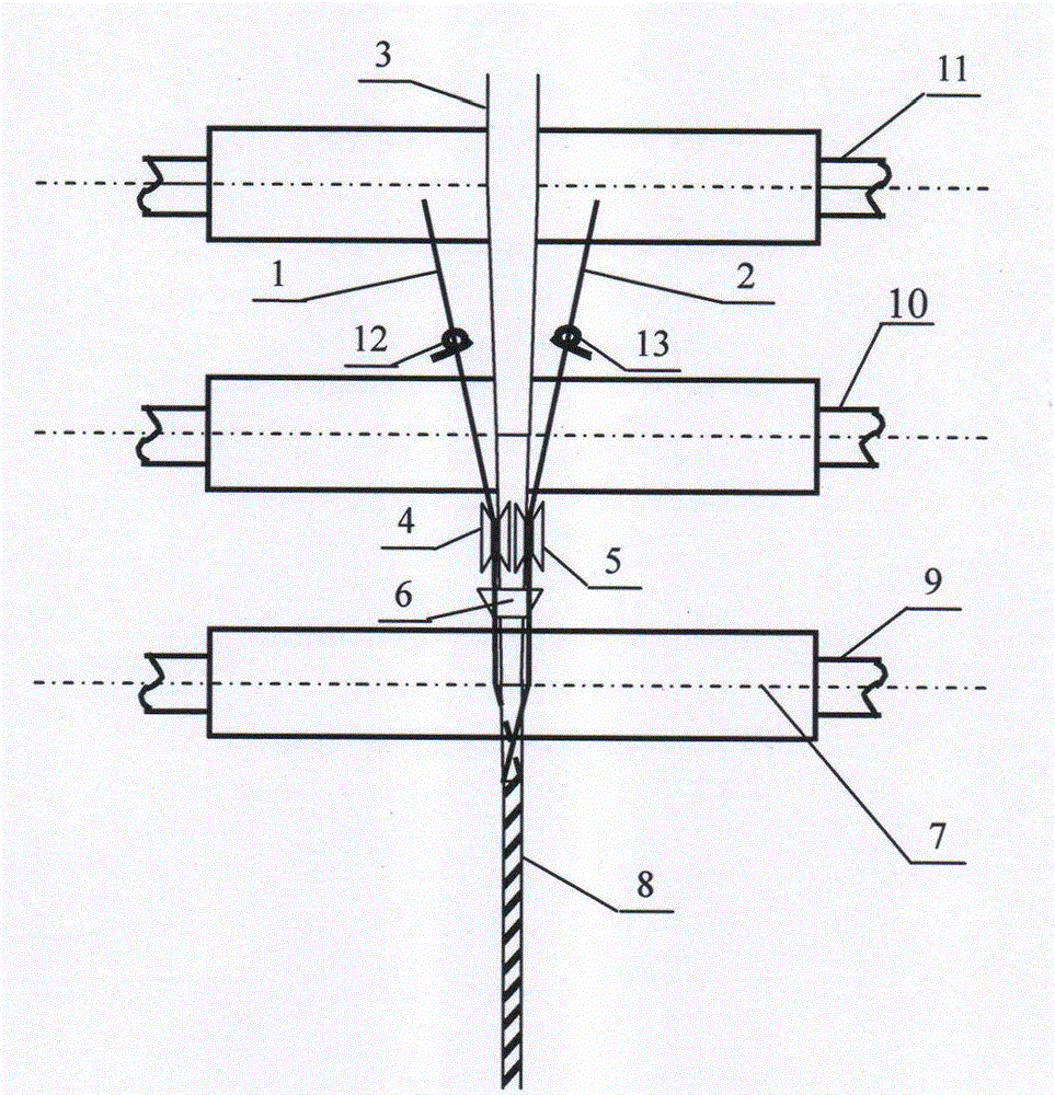 Three-shafting composite spinning method of constant-tension double-filament adjoining and twisting triangular zone and application thereof