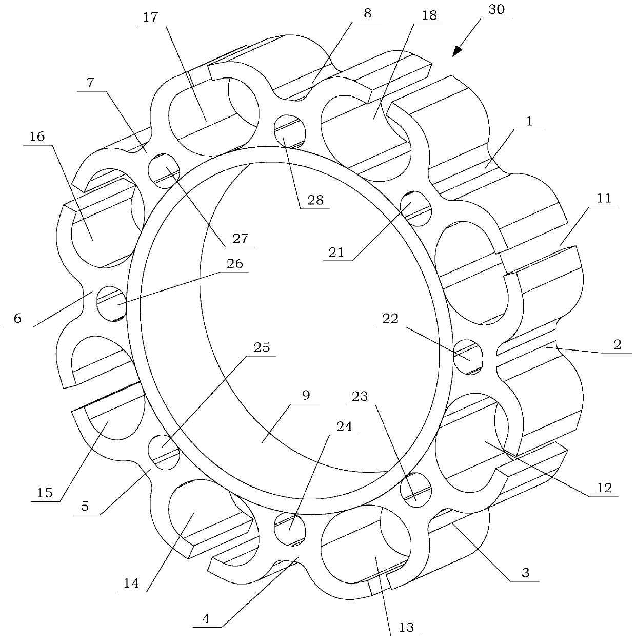 Segmented open flexible segment radial protection bearing for magnetic bearing