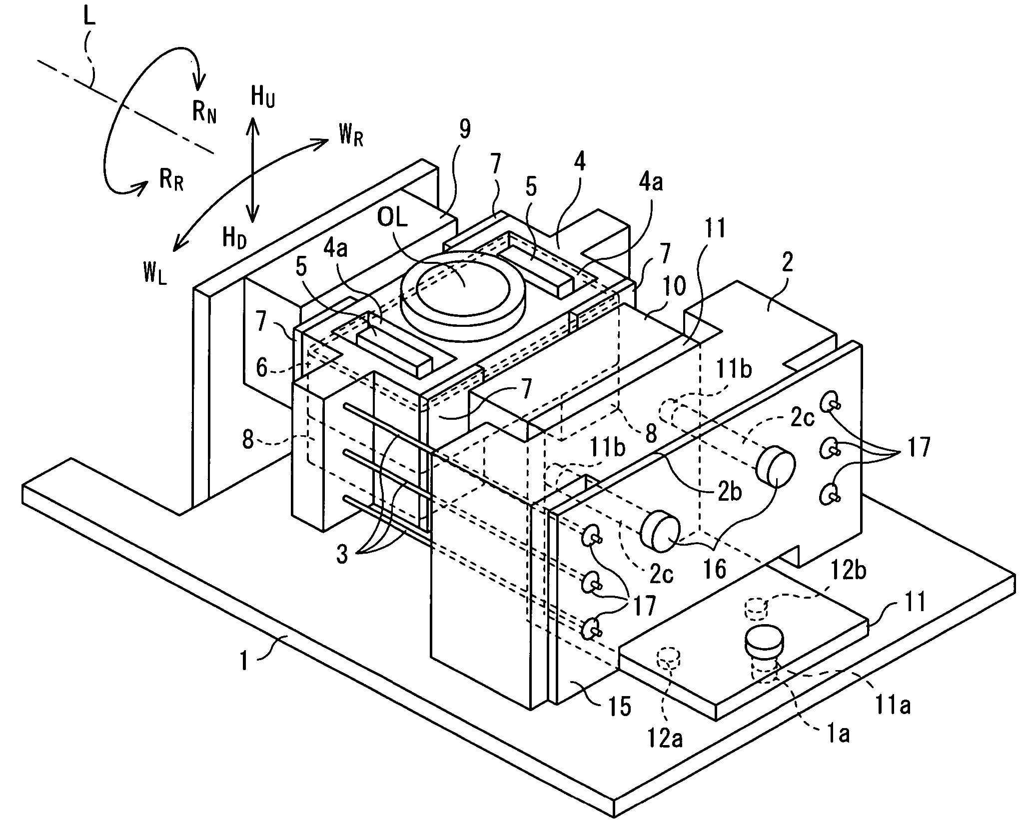 Optical pick-up device with respective flush screws eccentrically positioned between an actuator base and a magnetic holder, together between a printed-circuit board and a support member