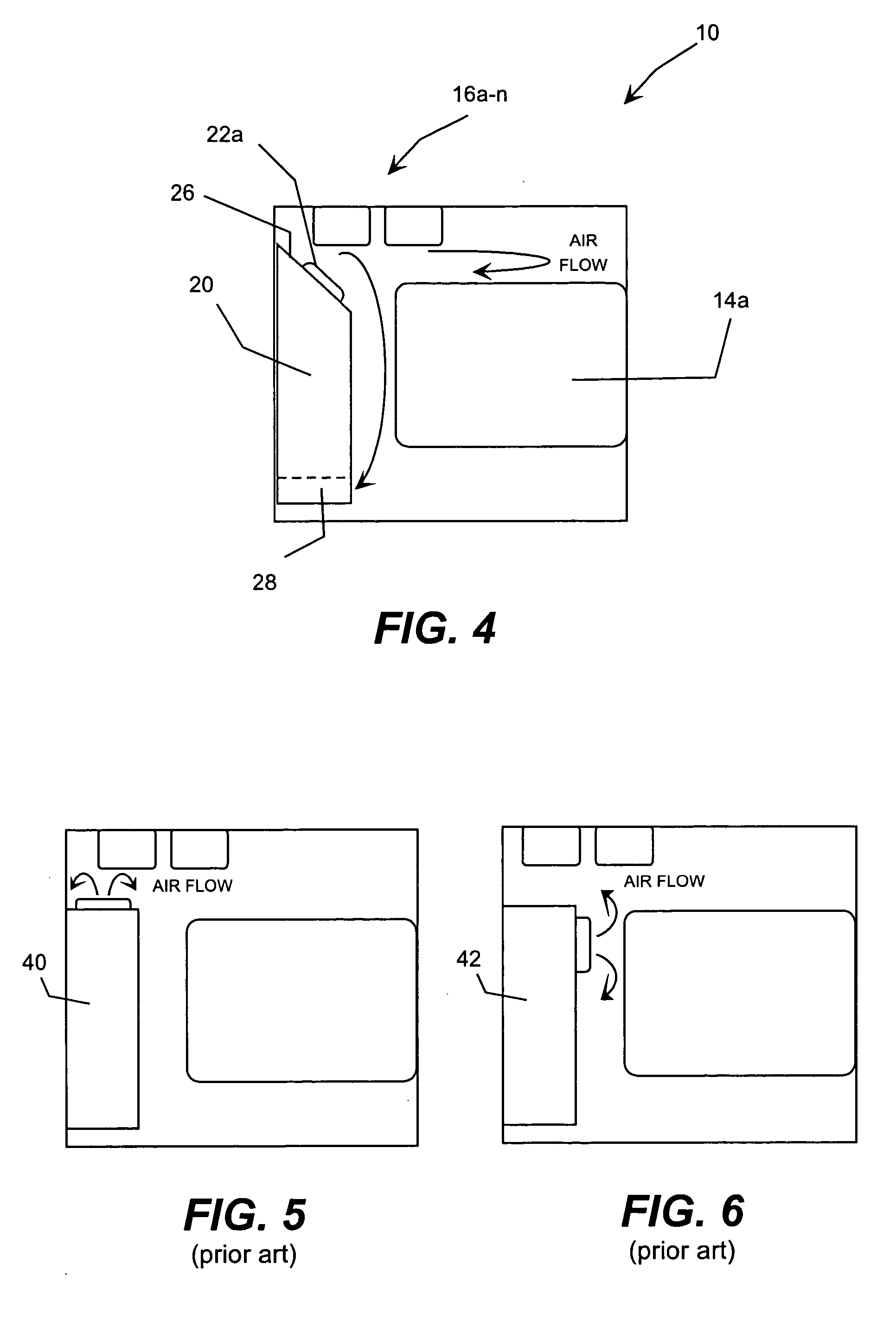 Evaporator and associated food pan refrigerator with an angled fan housing