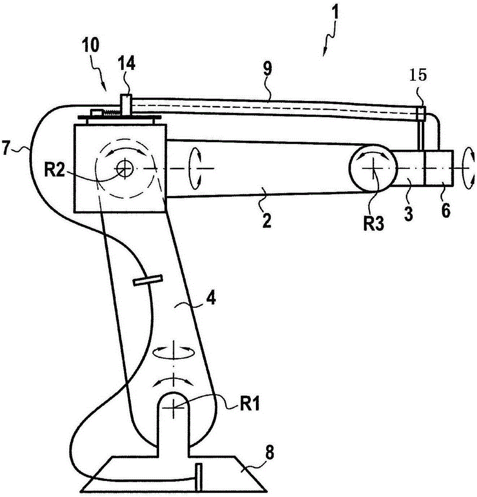 Device for guiding at least one line of a joint arm robot, and joint arm robot