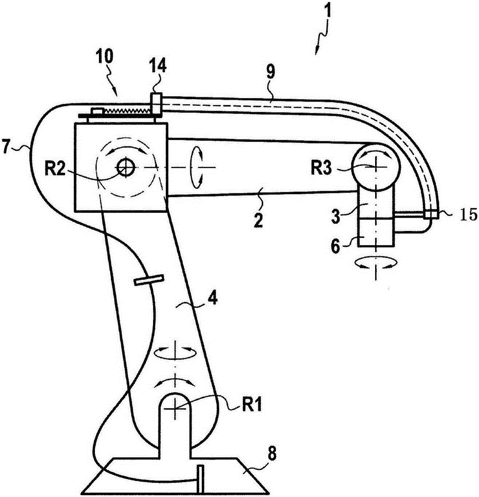 Device for guiding at least one line of a joint arm robot, and joint arm robot
