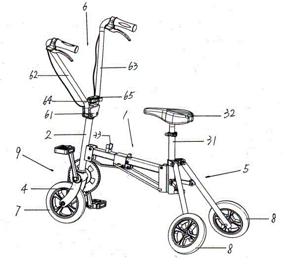 Six-connecting-rod front drive type portable tricycle rapid to fold
