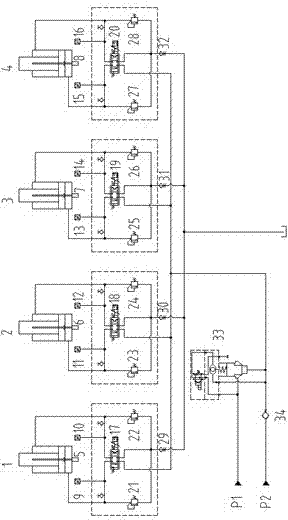 Hydraulic control system and method for passive type four-corner-leveling hydraulic press