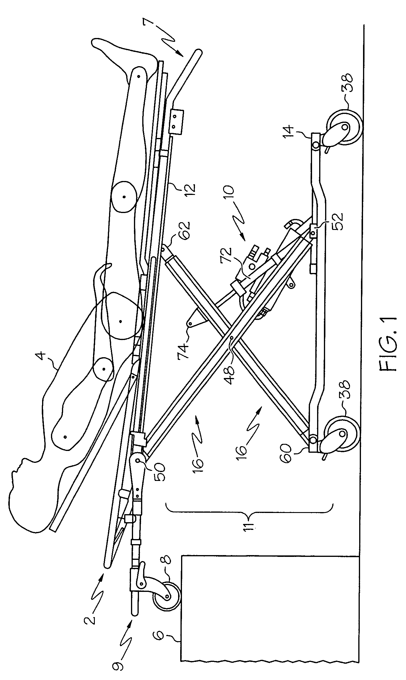 Charging system for recharging a battery of powered lift ambulance cot with an electrical system of an emergency vehicle