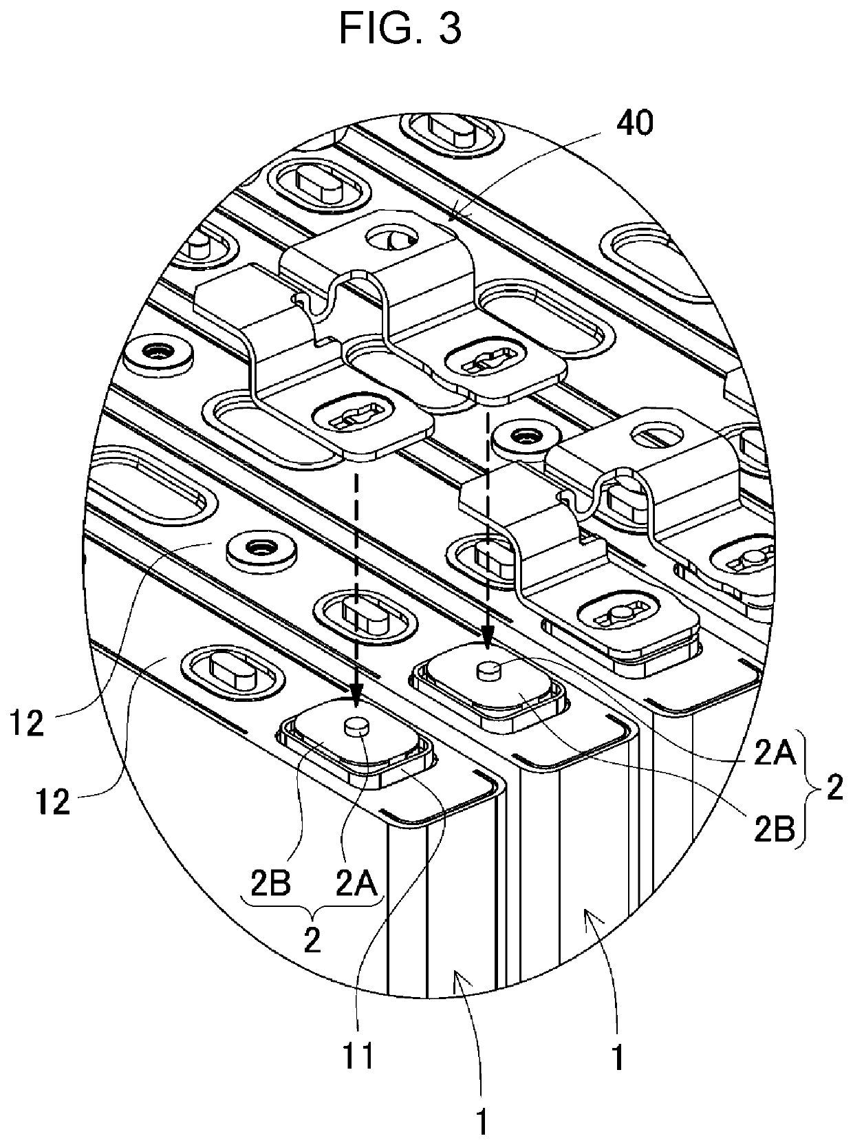 Power supply device, vehicle in which same is used, and bus bar