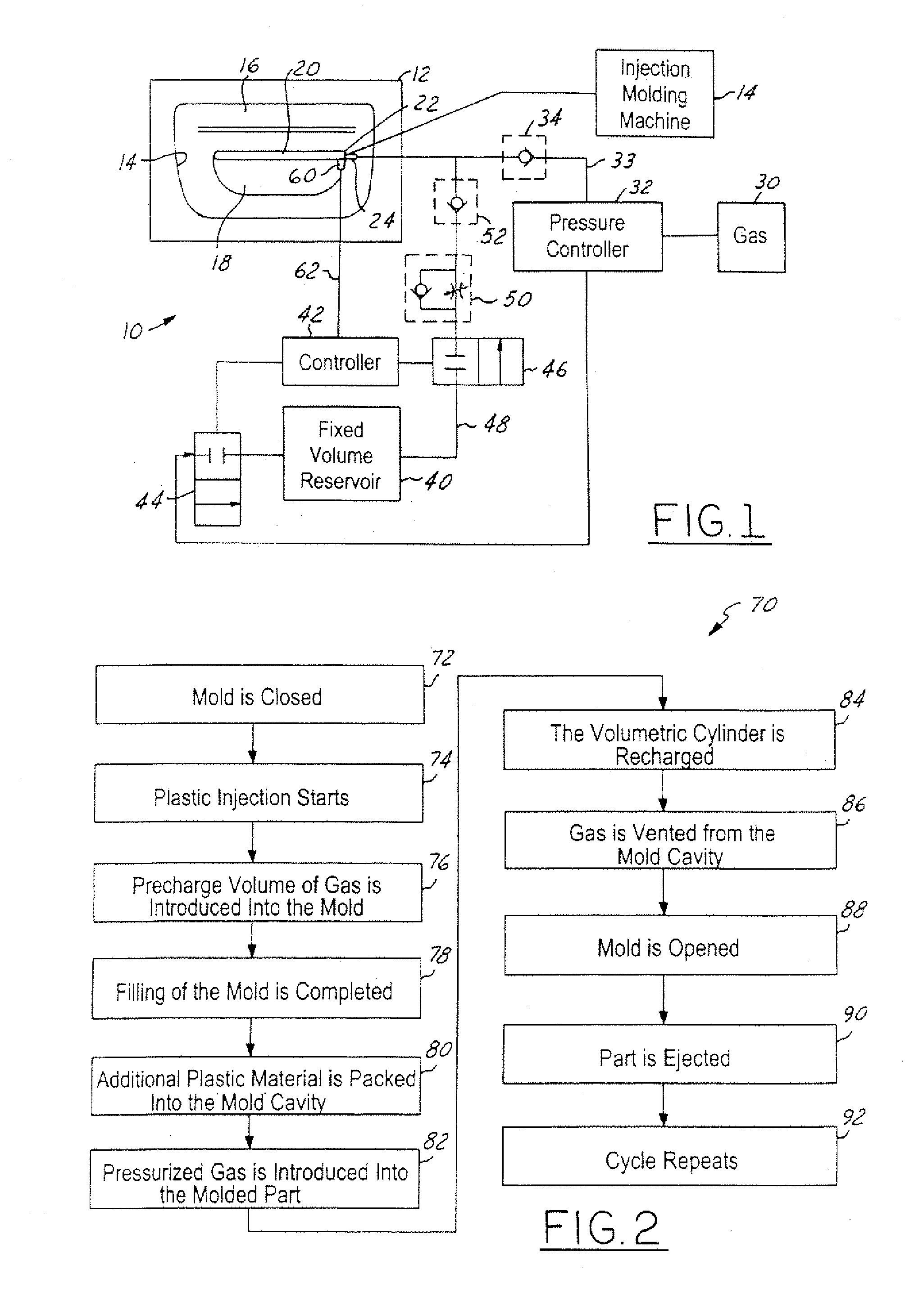 Gas assisted injection molding with fixed volume gas reservoir and temperature control